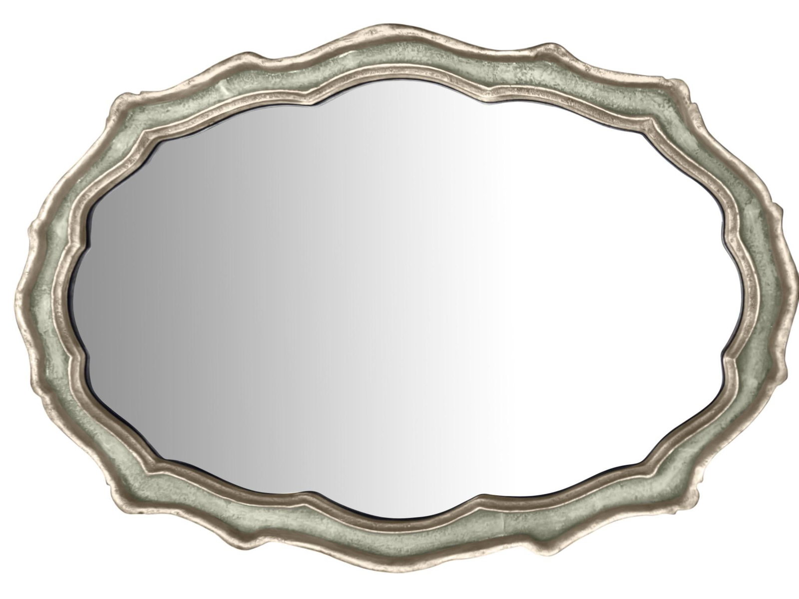Large Cast Metal Oval Cartouche Mirror,, Silver-Gilt & Celedon - 3