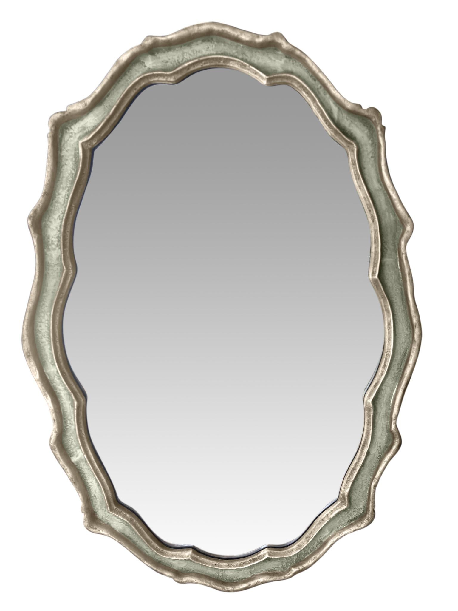 Large Cast Metal Oval Cartouche Mirror,, Silver-Gilt & Celedon - 6