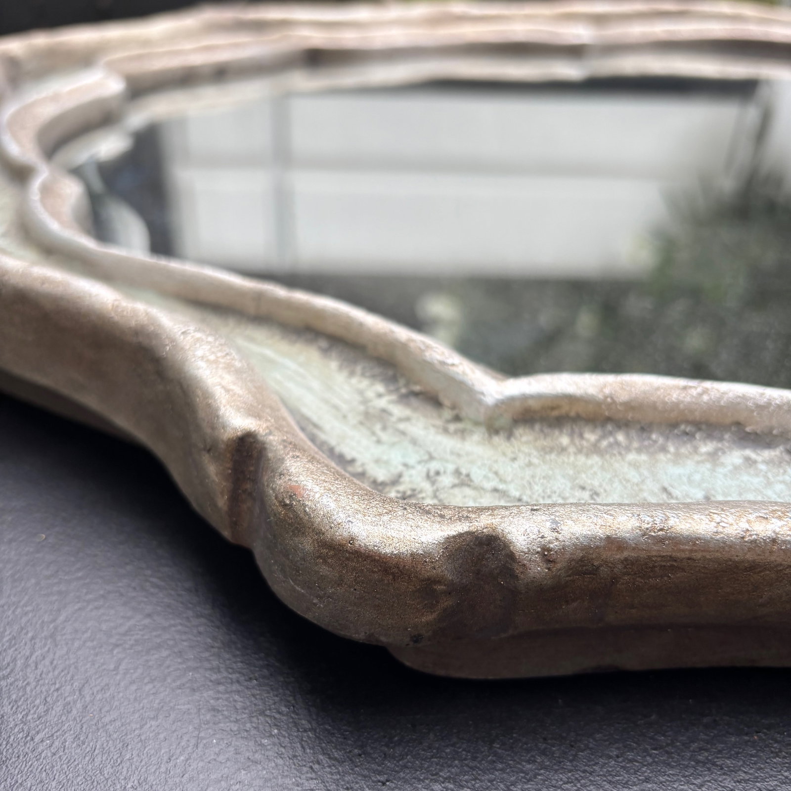 Large Cast Metal Oval Cartouche Mirror,, Silver-Gilt & Celedon - 9