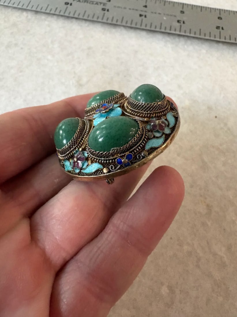 Vintage Chinese Brooch Features Enamel and Sterling Silver Filigree Work Set With Jade - 5