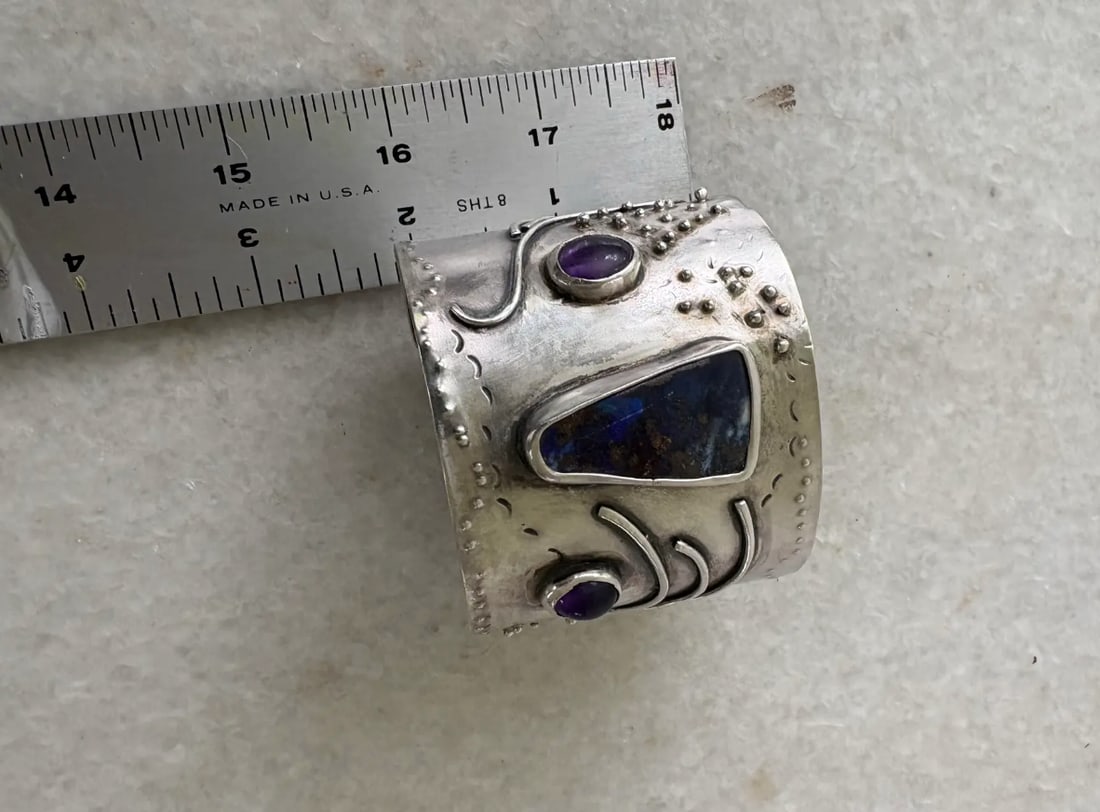 1970s Brutalist Sterling Silver Cuff Bracelet With Gem Stones - 3