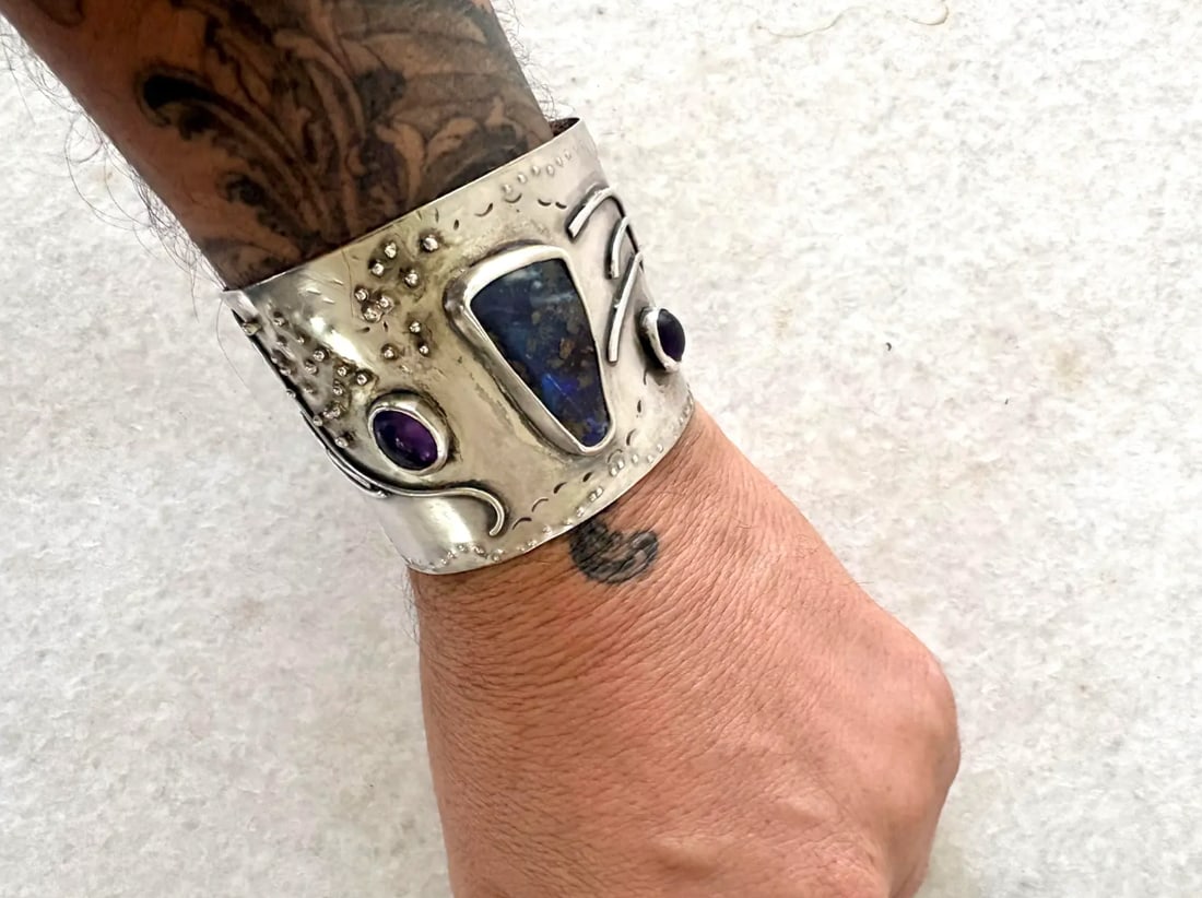1970s Brutalist Sterling Silver Cuff Bracelet With Gem Stones - 5