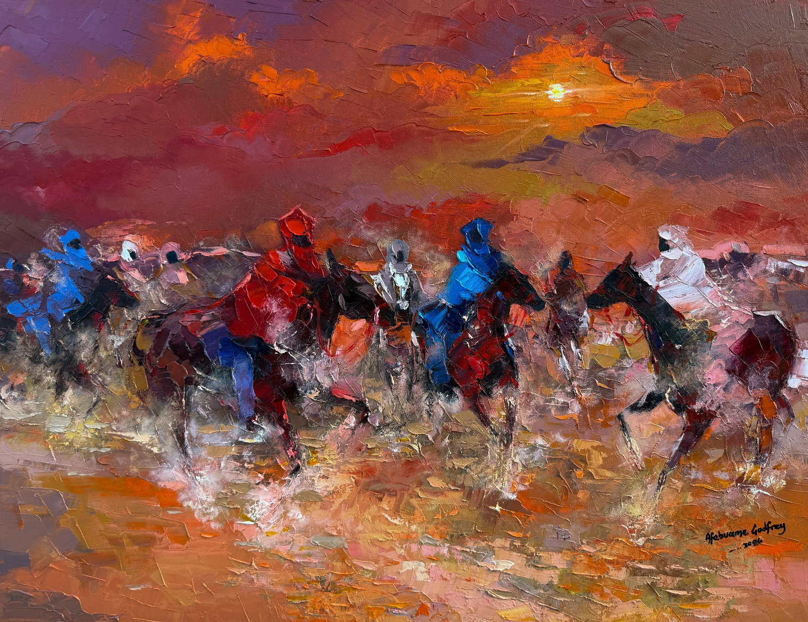 Golden Dust Thunder by Godfrey Afebuame, Oil on Canvas (2026) Impasto: In Golden Dust Thunder, I channeled the raw, elemental force of a horse race at the dying light of day. Through heavy impasto layers, the painting surges with tactile energy "” hooves pounding