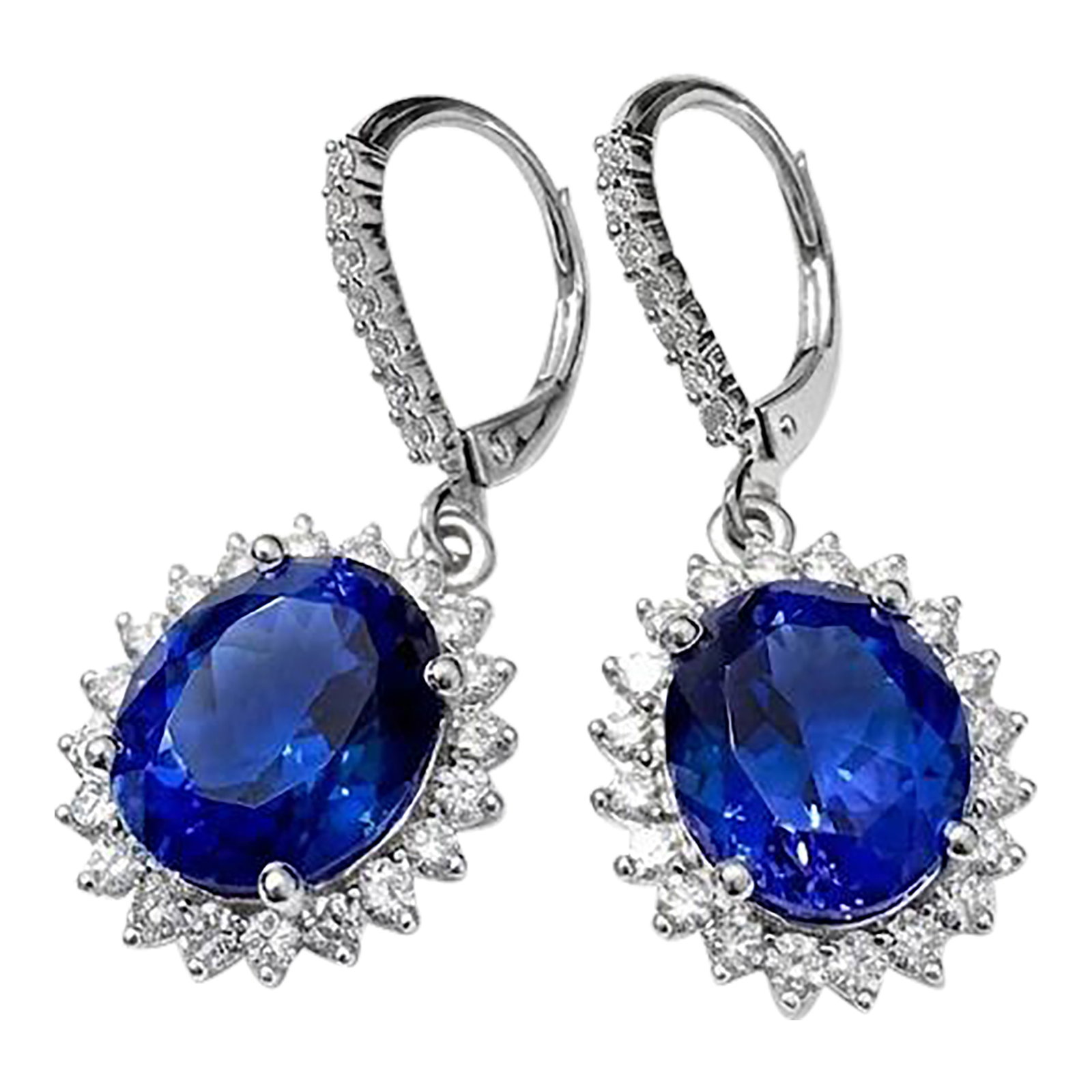 14k White Gold Oval Tanzanite Diamond Halo Earrings, 10.75 Ct Natural Tanzanites, A Pair: Magnificent 14K white gold drop earrings featuring 10.75 carats total weight of beautifully matched natural oval tanzanites surrounded by sparkling diamond halos. The vibrant violet-blue gemstones