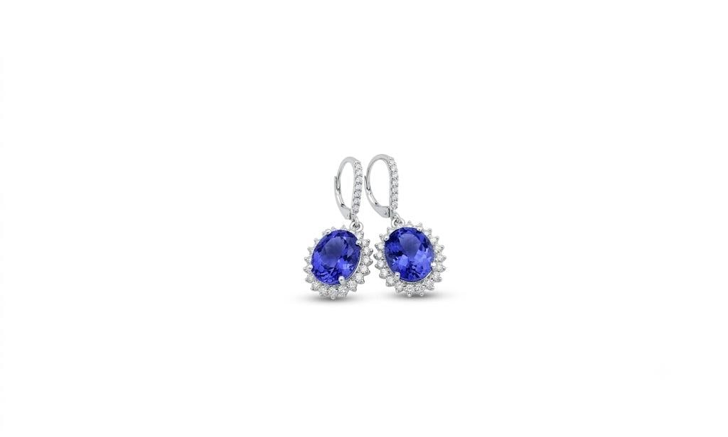 14k White Gold Oval Tanzanite Diamond Halo Earrings, 10.75 Ct Natural Tanzanites, A Pair - 2