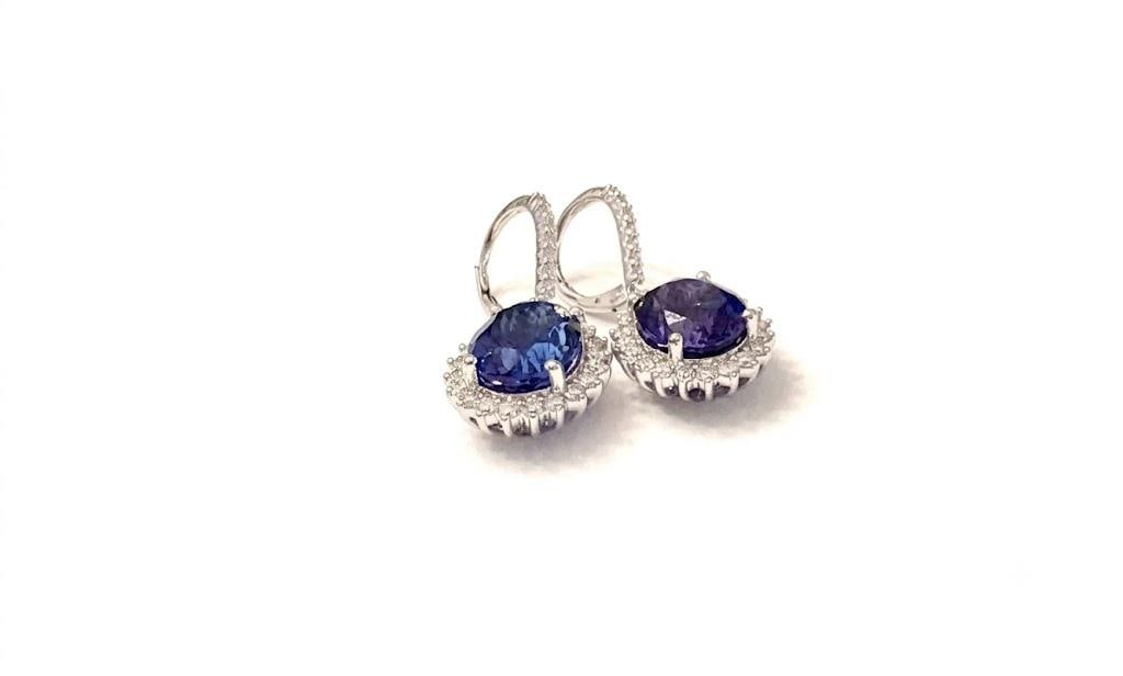 14k White Gold Oval Tanzanite Diamond Halo Earrings, 10.75 Ct Natural Tanzanites, A Pair - 3
