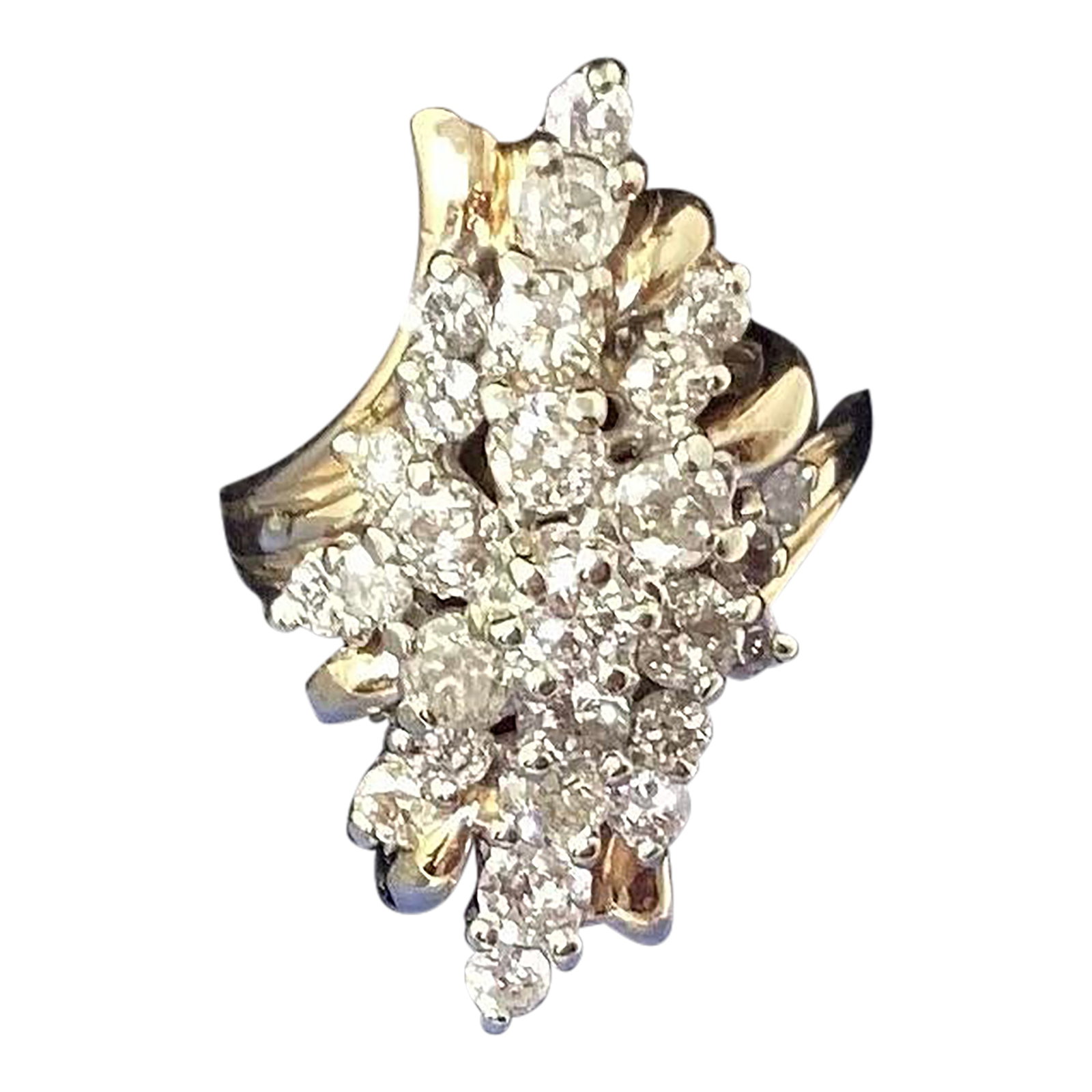 1950s 14k Yellow & White Round Diamond Waterfall Vintage Cocktail Ring, Size 7: Vintage 14k yellow with white gold and round diamond waterfall cocktail ring. Consists of 27 prong set round diamond melee equaling approximately 1.25ctw. GIA appraisal $3,300 attached. Condition: