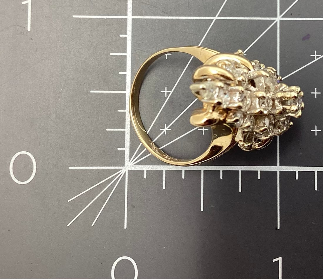1950s 14k Yellow & White Round Diamond Waterfall Vintage Cocktail Ring, Size 7 - 2