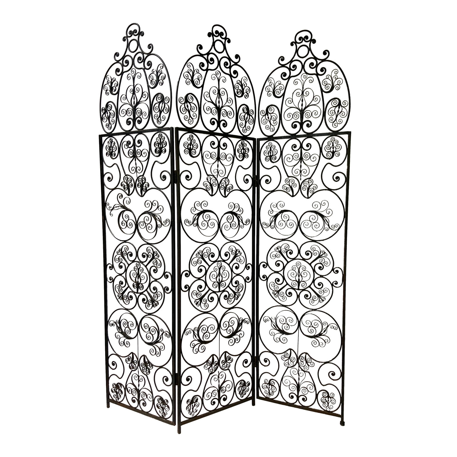 Early 20th Century Spanish Cast and Forged Iron 3 Part Folding Screen: 3 Part Moorish Style Folding Screen. Cast and Hand Crafted and Forged Iron Screen. Spanish Early 20th Century. Previously hanging flat as a wall decoration. Can be used inside or out and as a room