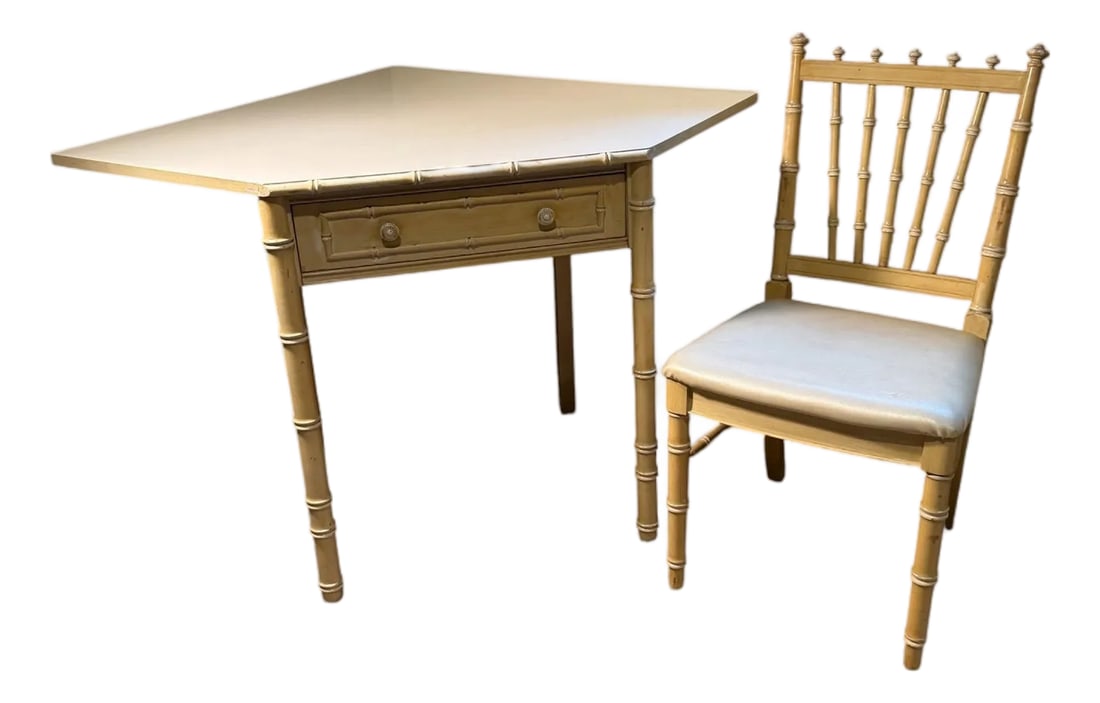 1966 Thomasville Allegro Faux Bamboo Corner Desk and Chair: This corner desk is the matching Thomasville Allegro faux-bamboo corner vanity or writing desk from the same 1966 collection and includes the matching chair. The pearl vinyl seat complements the