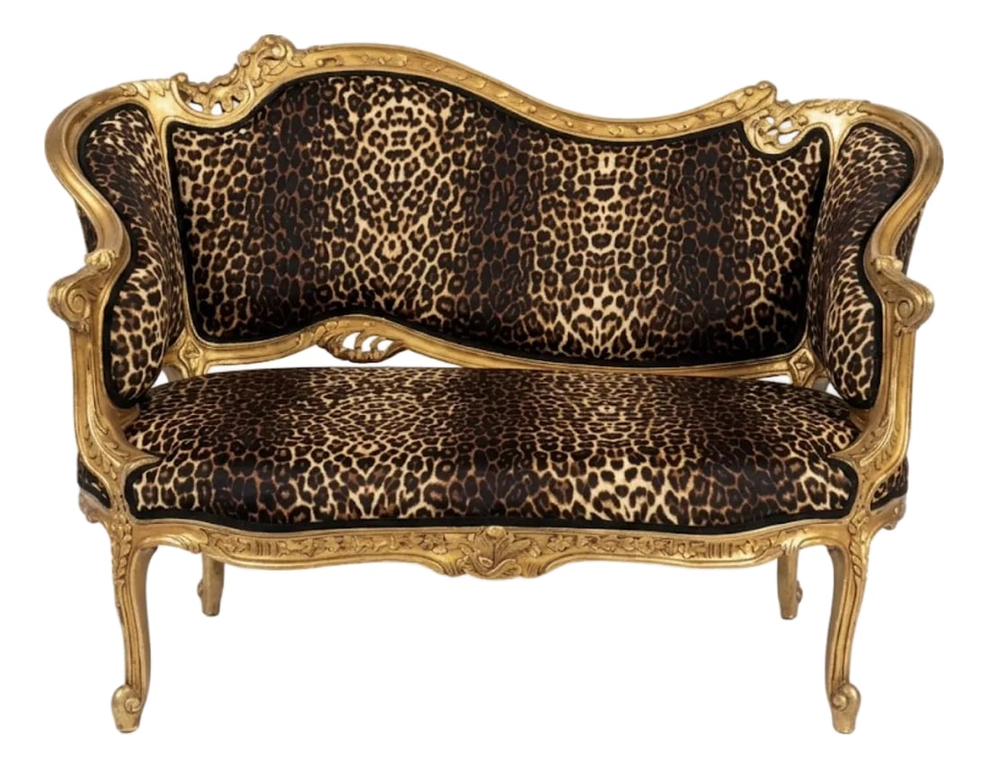 Vintage Leopard Print Gold Leaf Settee Sofa Loveseat: Made with real solid wood and gilded in gold leaf. Animal print leopard upholstery Width 57 " × Depth 25 × Height of 38" The seat height is about 17 inches Free Shipping Condition: