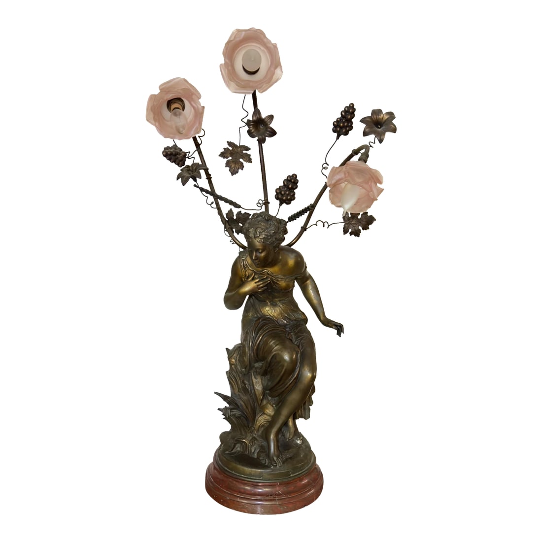 Art Nouveau 1920's Auguste Moreau Signed Lamp: Gorgeous French Lamp. Renowned French sculptor Auguste Moreau 1834-1917, known for his graceful flowing woman figural lamps. Painted spelter, solid stone base. Fully working condition. Condition: