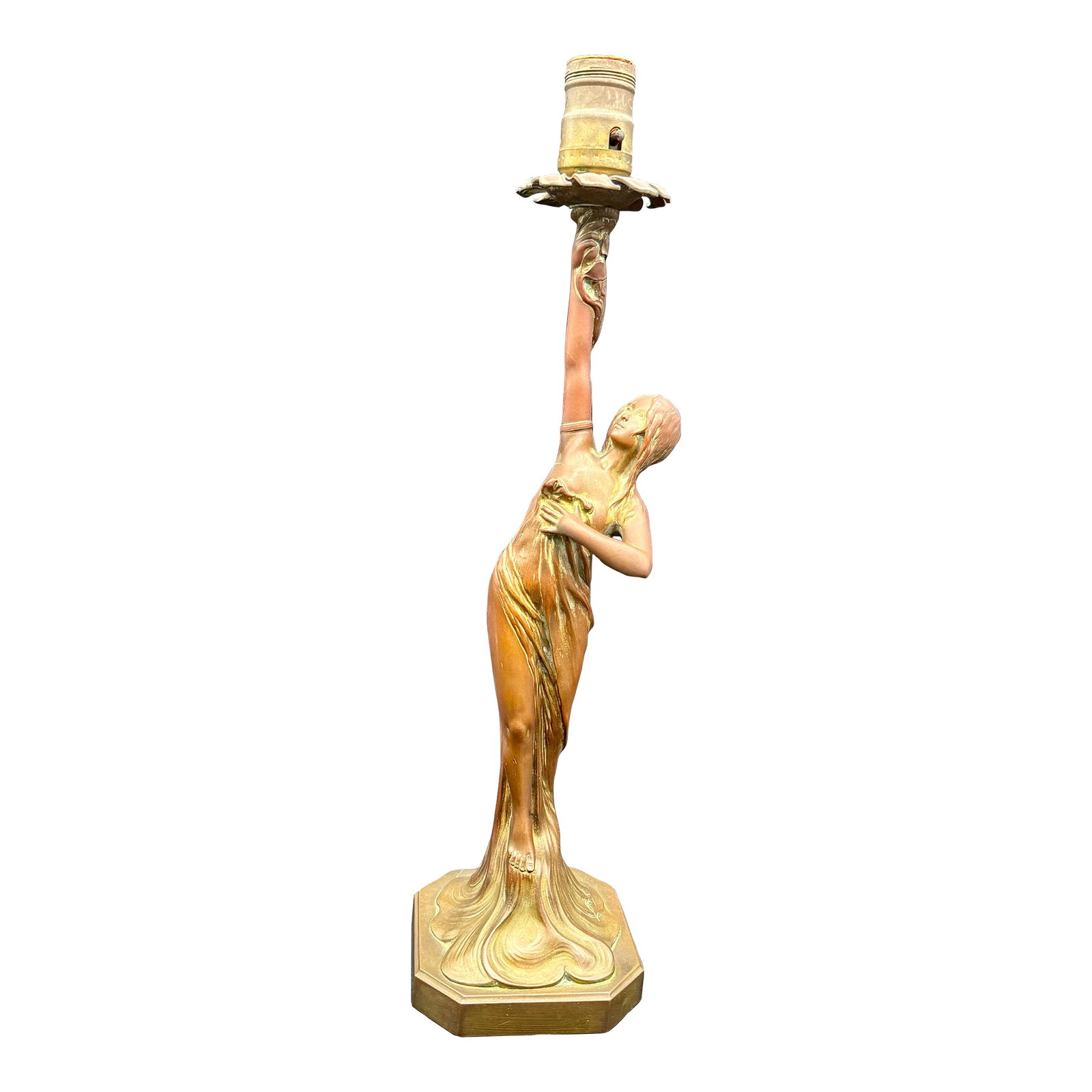Antique Signed Ludwig Beck ( L. Beck ) Bronze Art Nouveau Table Lamp: This gorgeous antique Art Nouveau table lamp features a beautifully designed figural base depicting a graceful young maiden. Her body leans in a soft dramatic curve with one arm, stretched directly