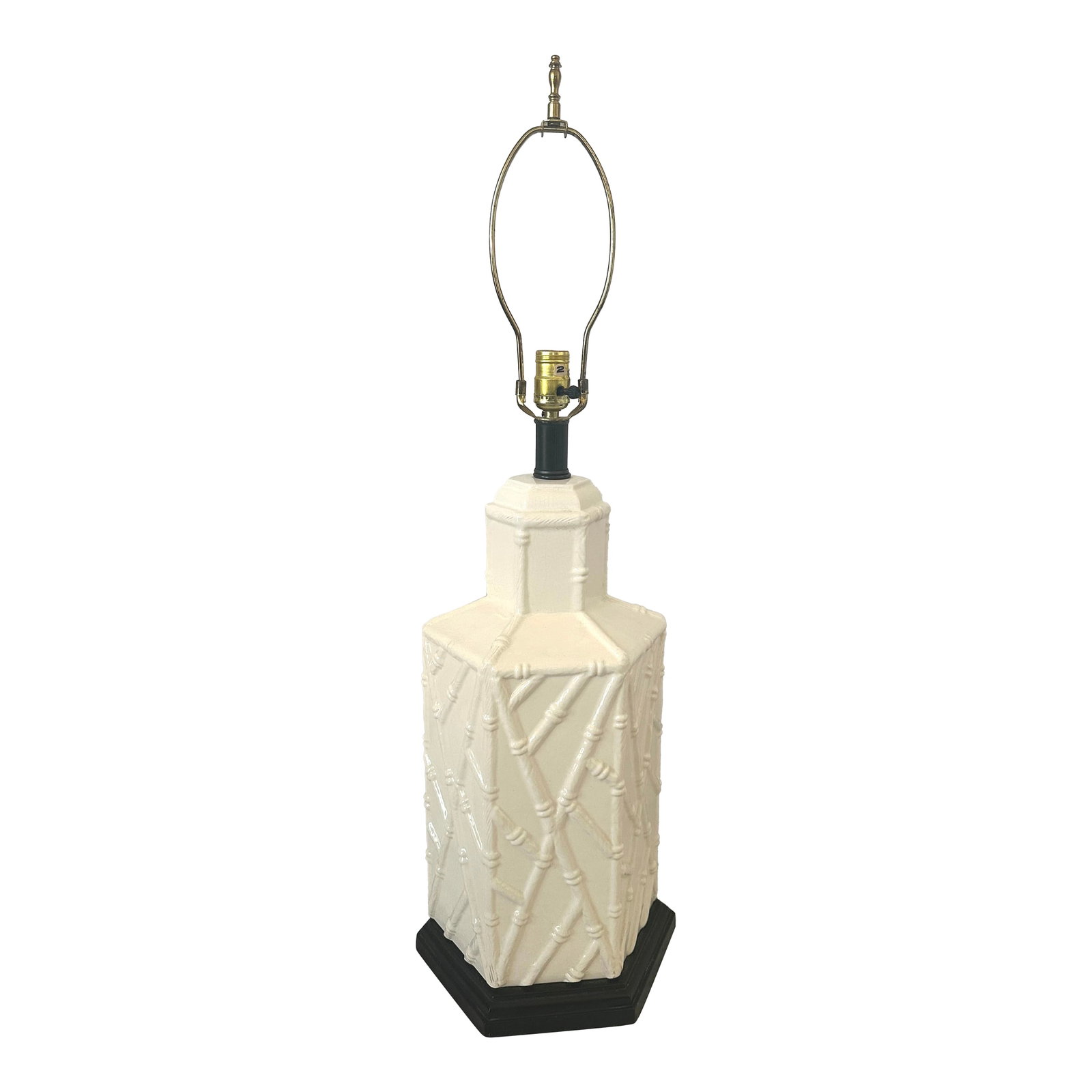 1960s White Ceramic Hexagonal Bamboo Relief Table Lamp: MCM White Ceramic Hexagonal Bamboo Relief Table Lamp, has a black base and brass hardware. This would be perfect with a black shade. Base could also be painted if you don't like black. Green or navy