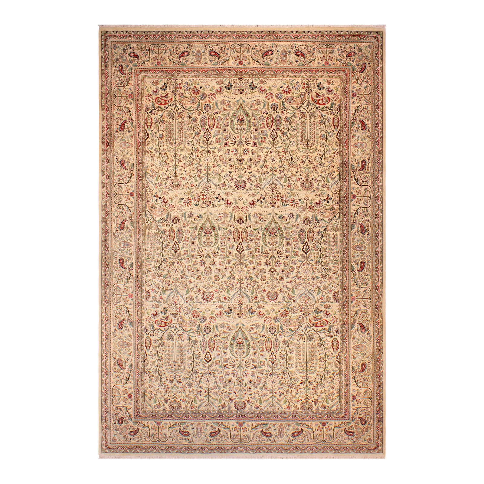 Shabby Chic 1990's Pak-Persian Ivory/Green Wool Rug - 9'4'' X 13'6'': Designed with mesmerizing intricacy and gorgeous color palette, this hand-knotted masterpiece demonstrates the beauty and electrifying thrill of Pak Persian art. These meticulously hand-knotted