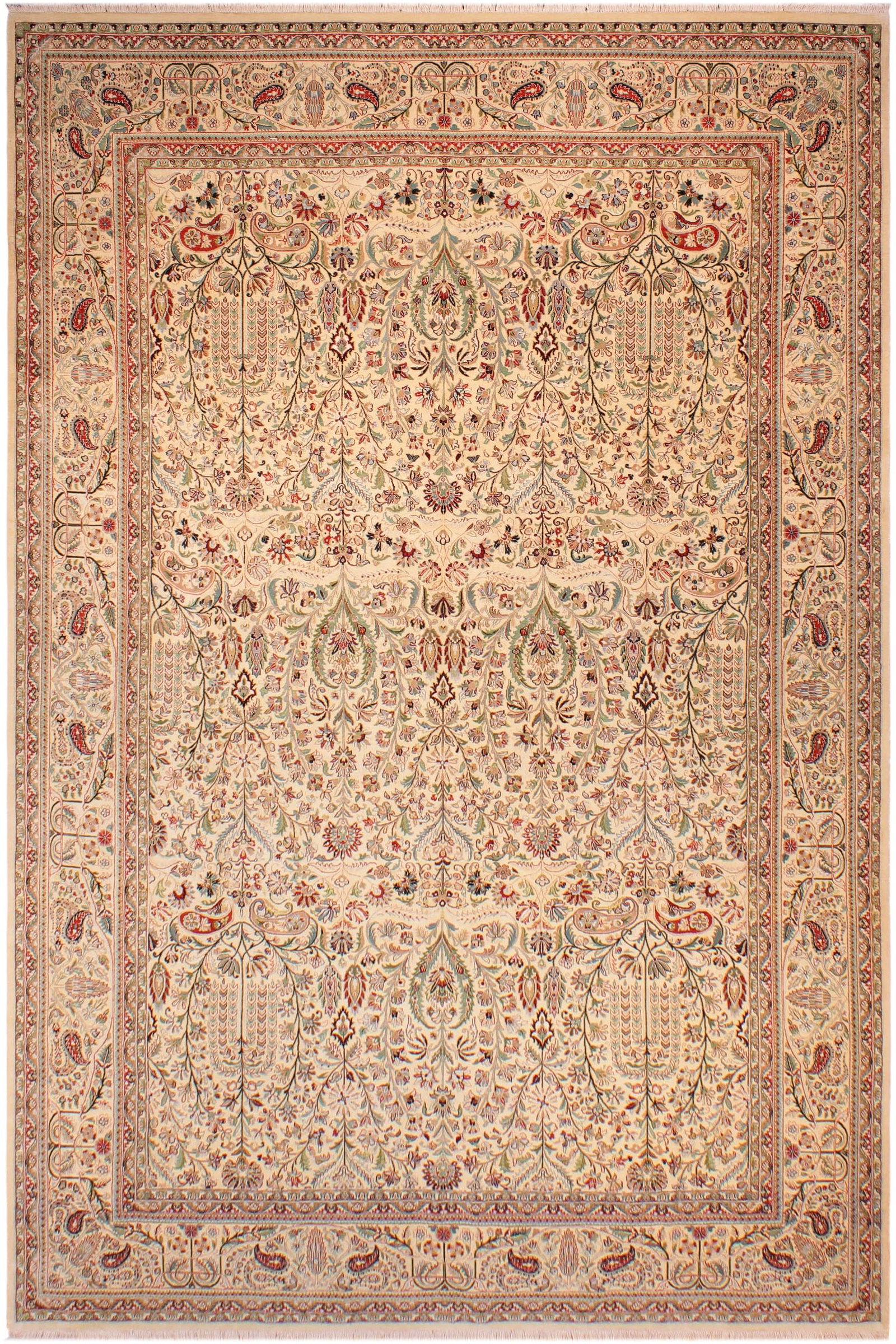 Shabby Chic 1990's Pak-Persian Ivory/Green Wool Rug - 9'4'' X 13'6'' - 9