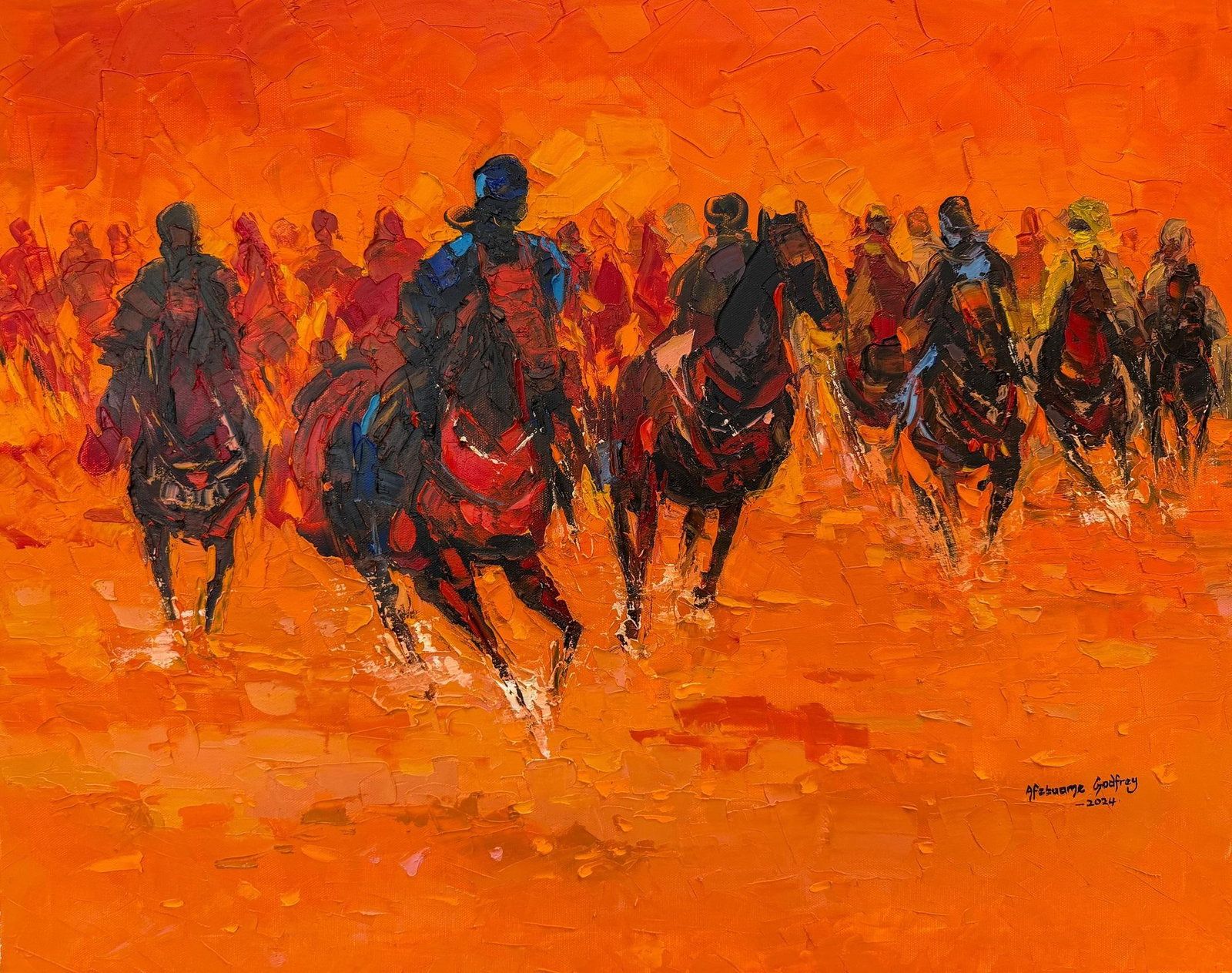 The Gallop of Centuries, Oil on Canvas,Godfrey Afebuame (2024).: The Gallop of Centuries explores the kinetic energy and regal pageantry of the Durbar festival in Northern Nigeria. Moving beyond literal representation, this work captures the "heat" of the