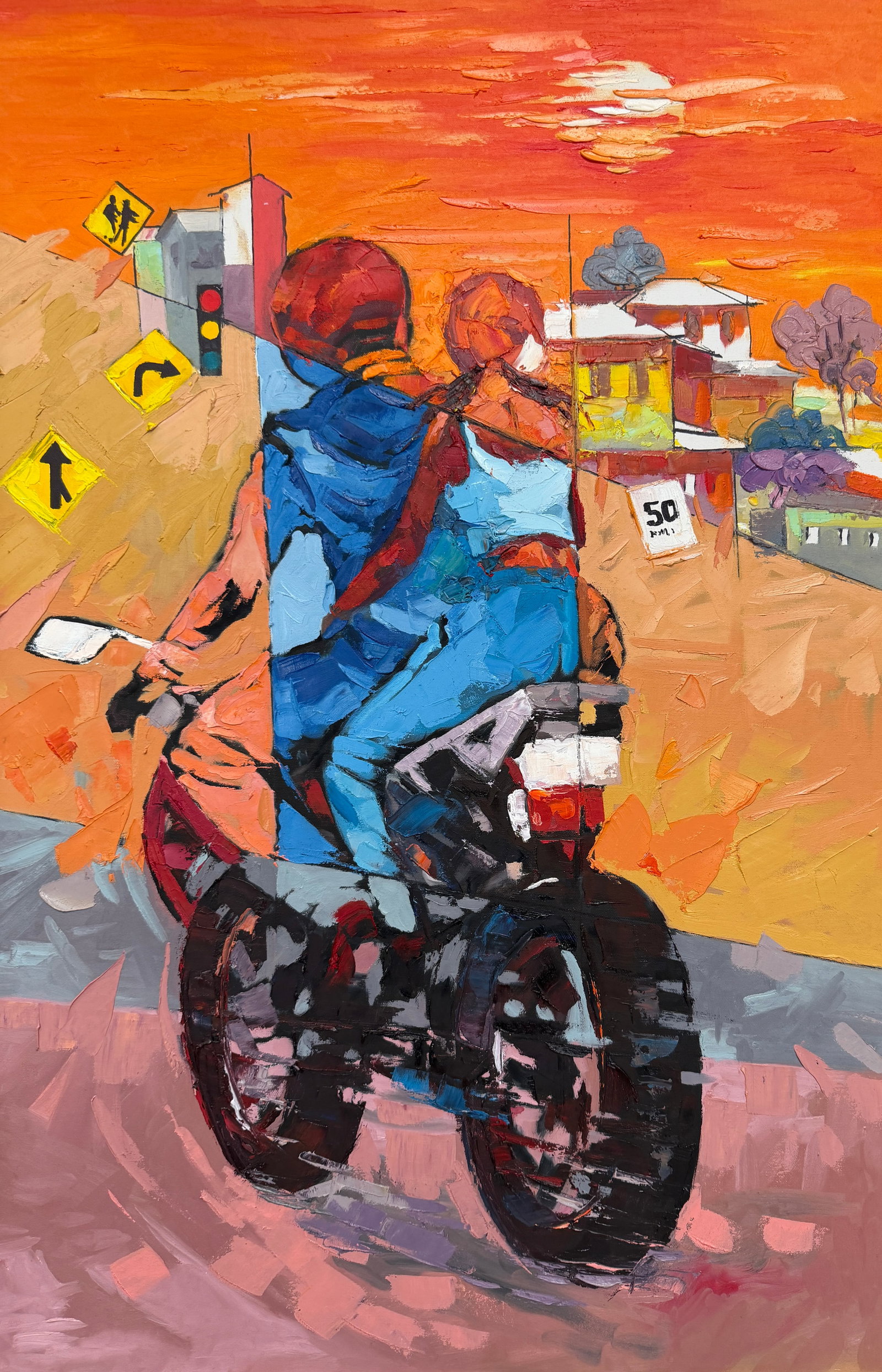 Together Towards Tomorrow, Oil on Canvas, Godfrey Afebuame (2026): I painted Together Towards Tomorrow to show the feeling of moving forward with someone you trust. The painting shows two people on a motorcycle, riding through a busy street toward a bright, orange