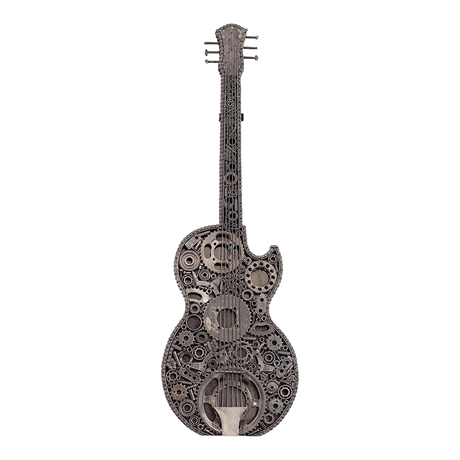 Premium Handcrafted Recycled Metal Guitar Sculpture | 54" | One of a Kind: A love letter to music, written in steel. Standing over 4.5 feet tall, this life-sized guitar sculpture is meticulously handcrafted from repurposed gears, chains, rods, and washers "” each