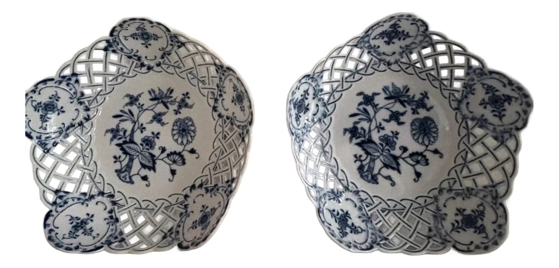 Two Antique Meissen Blue Onion reticulated serving dishes with crossed swords hallmark: This pair of Antique Meissen Blue Onion reticulated serving dishes with crossed swords hallmark are a set of elegant and collectible pieces of decorative cookware. These dishes bear the hallmark of th