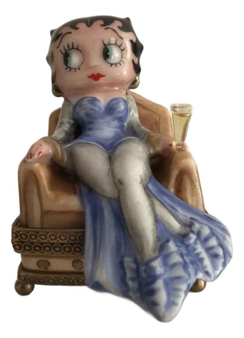 Rare Vintage Chanille Limoges Trinket Box Betty Boop In Armchair with Champagne Glass & Small Dog "P: This rare Limoges trinket box features Betty Boop in an armchair with a champagne bottle, making it a unique and eye-catching collectible piece as well as a prize for any Betty Boop fans! Condition: