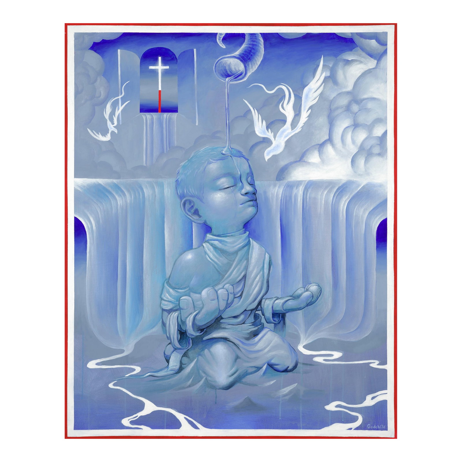 The Holy City and the Open Door, Acrylic on Canvas, Felix Abcede (2024): I created Oil On My Head to show a moment of deep spiritual peace and blessing. The painting features a figure in a calm, prayerful pose, with oil being poured over their head from above. I used