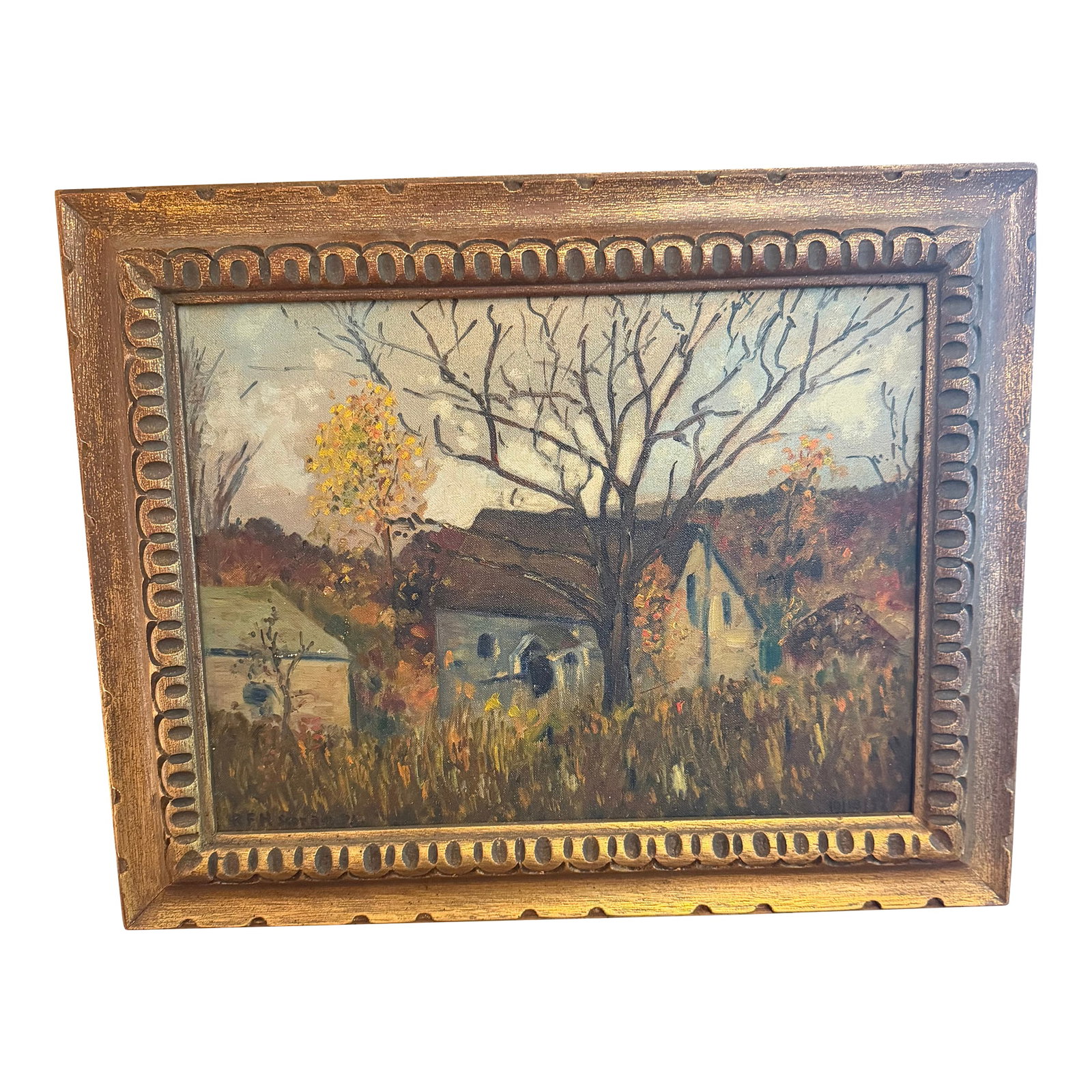 1952 Original Oil Painting Pocono Mountains Landscape: The Eric Danisch Estate Barn, Scotrun Pa: A beautiful and historically significant piece of mid-century American folk art with immaculate, fully verified hospitality provenance. Painted en plein air on October 13, 1952, by regional artist