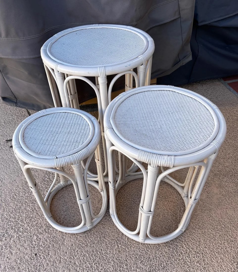 Set of 3 Whitewashed Bamboo Nesting Tables - 8