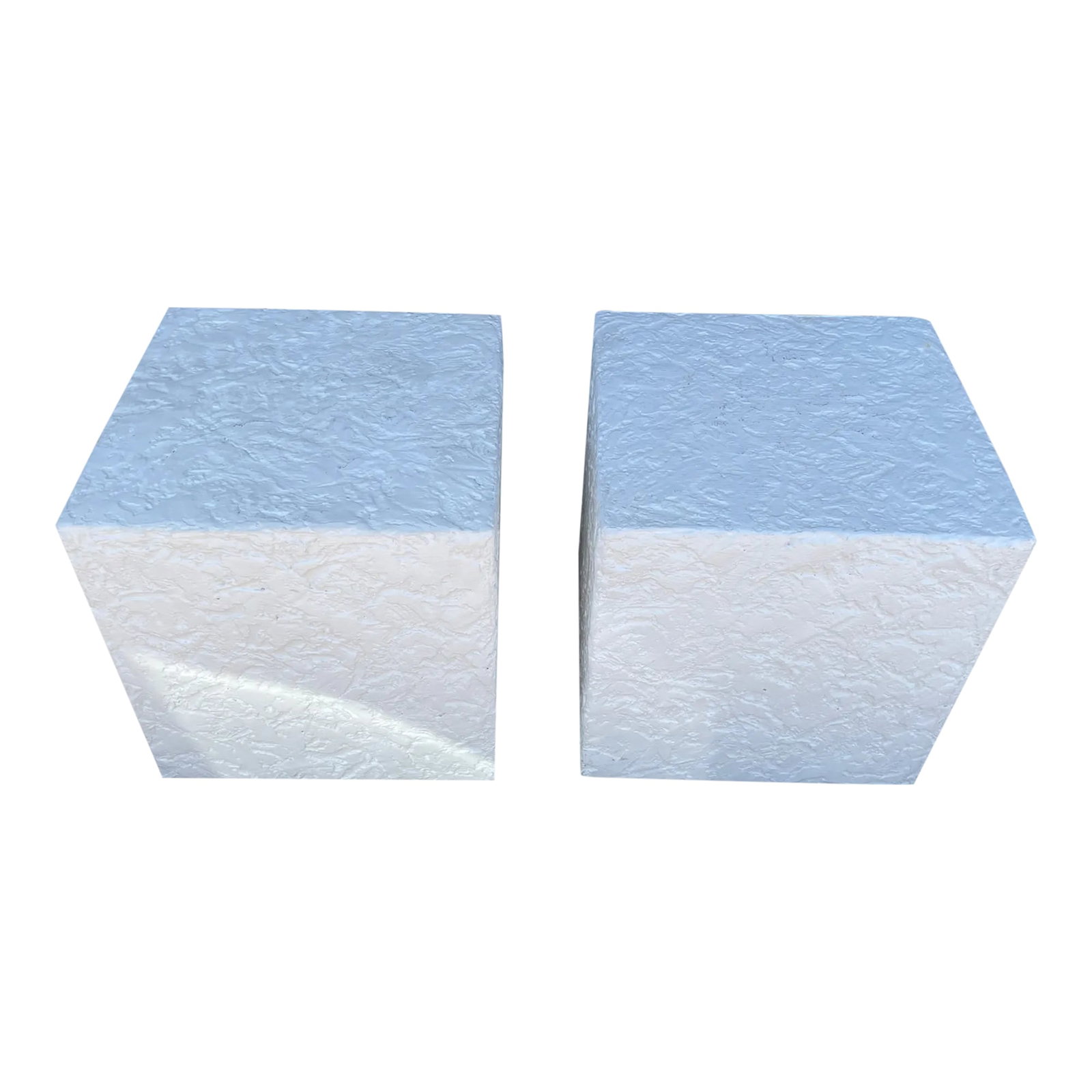Postmodern White Textured Plaster Cube Side Tables-Pair: Postmodern Pair of White Textured Plaster Cube Side Tables. Perfect for indoor our outdoor. Great for a side table or plant stand, lots of options. Perfect with the console table I also have for sale