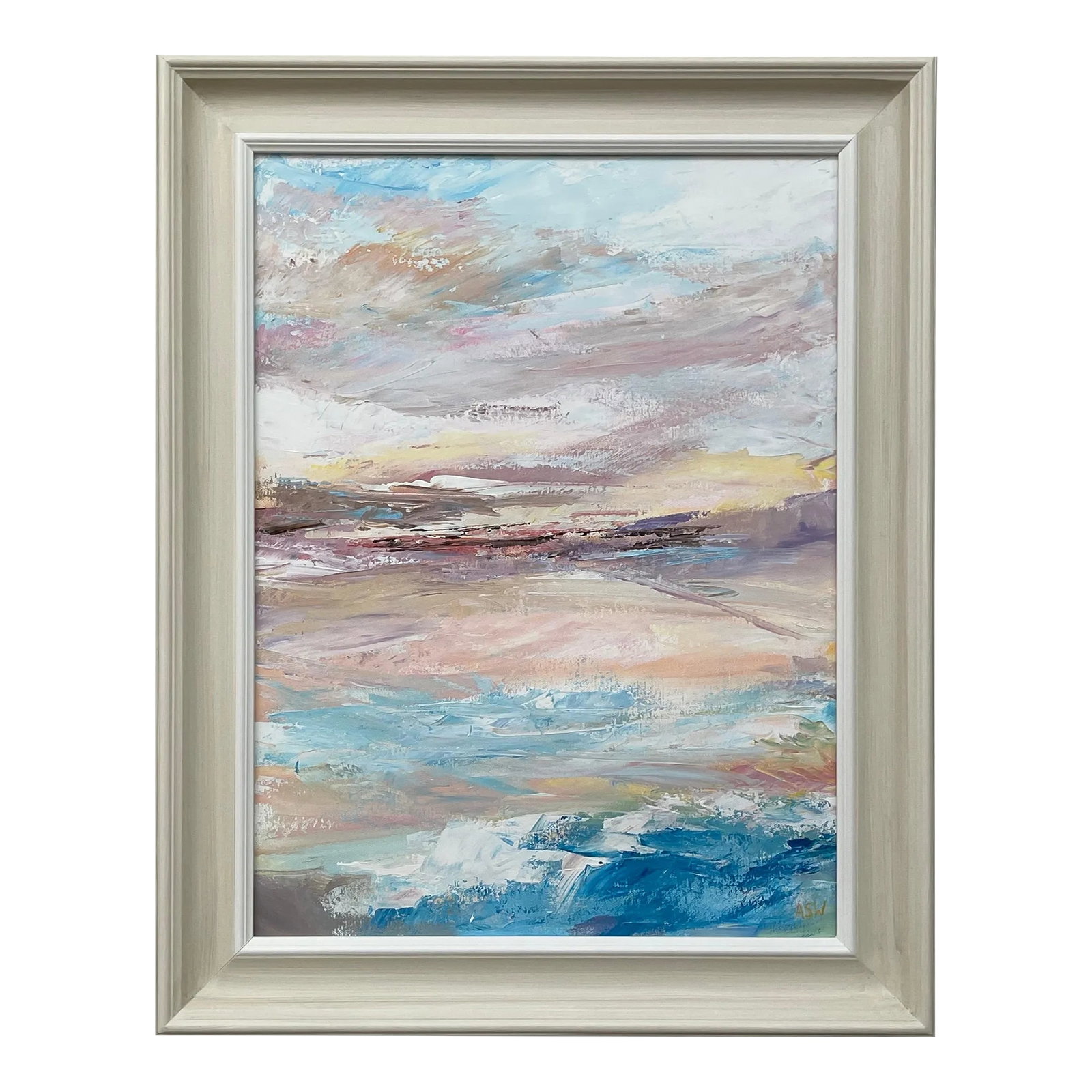 Serene Abstract Impressionist Seascape Landscape by Contemporary British Artist, 2022: Abstract Impressionist Seascape Landscape by Contemporary British Artist, Angela Wakefield. Entitled 'Serenity #02', this atmospheric painting depicts an imagined scene using muted pastel colours.