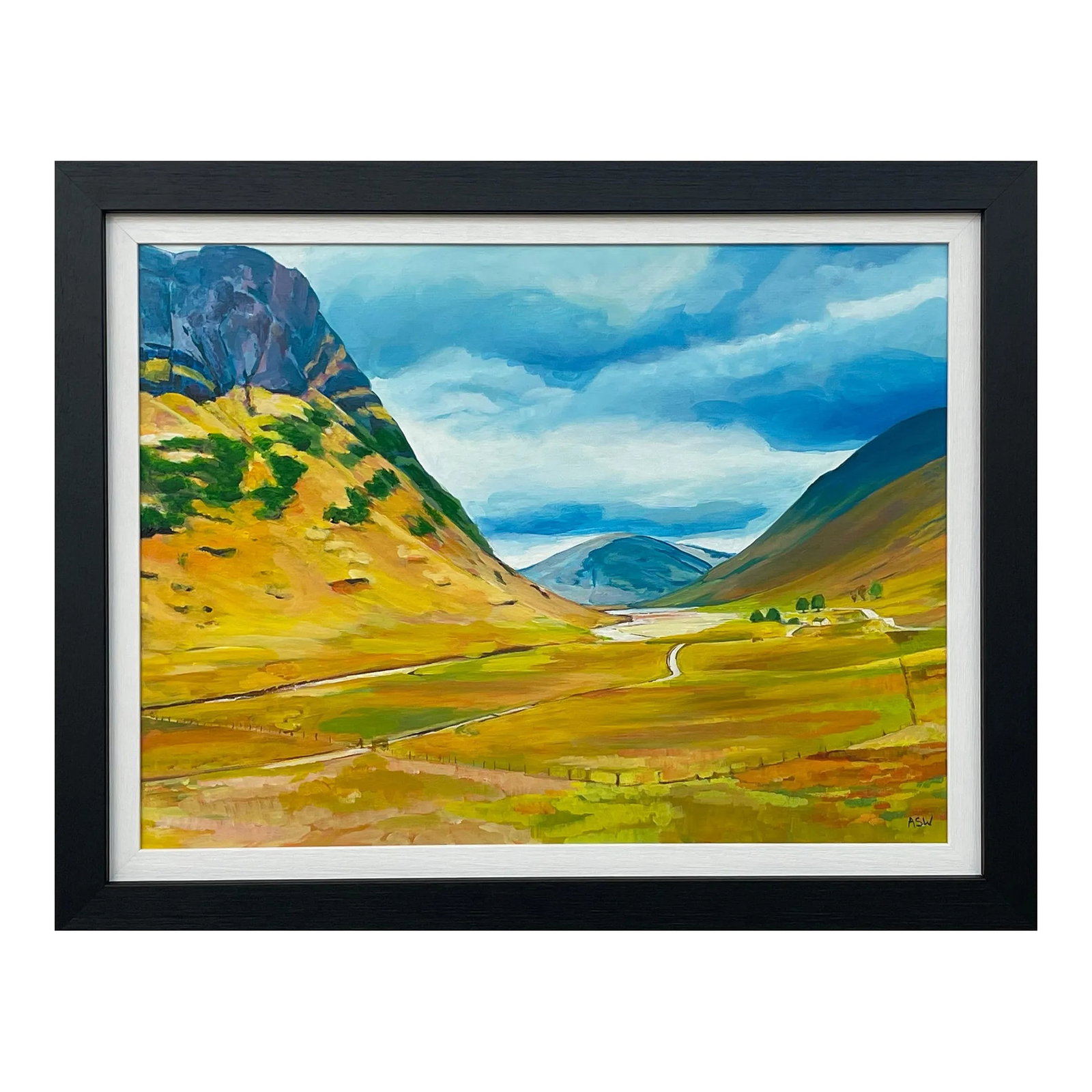 Colourful Abstract Landscape Painting of Scottish Highlands Contemporary Artist: Colourful Abstract Landscape Painting of Bidean nam Bian, Ballachulish, Glencoe in the Scottish Highlands by Leading Contemporary British Artist, Angela Wakefield Art measures 24 x 18 inches Frame