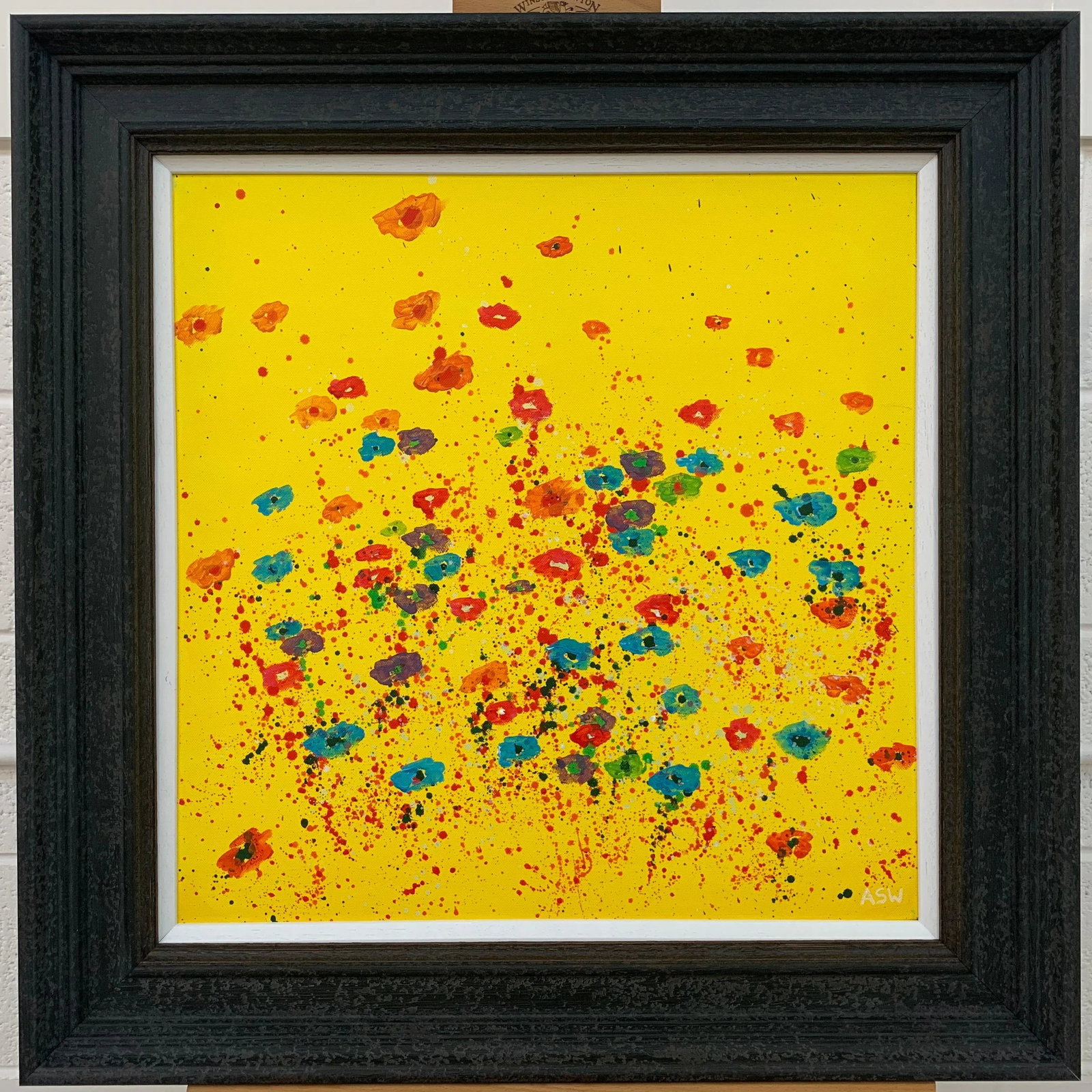 Abstract Red Pink Blue Flowers on Yellow Background by British Artist - 10