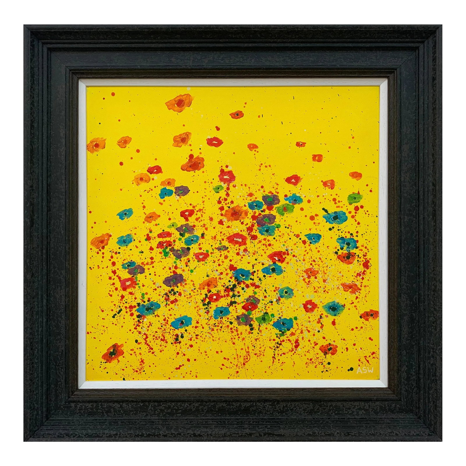 Abstract Red Pink Blue Flowers on Yellow Background by British Artist: Painting of Abstract Red, Pink, Orange & Blue Wild Flowers on a Yellow Background by British Landscape Artist, Angela Wakefield. From the 'Spring Burst' Interior Design Series. Framed in a high