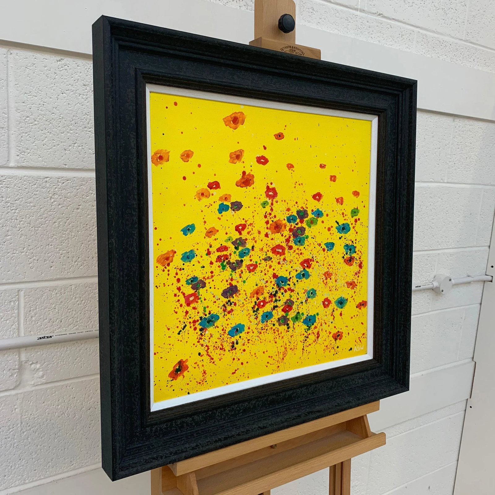 Abstract Red Pink Blue Flowers on Yellow Background by British Artist - 2
