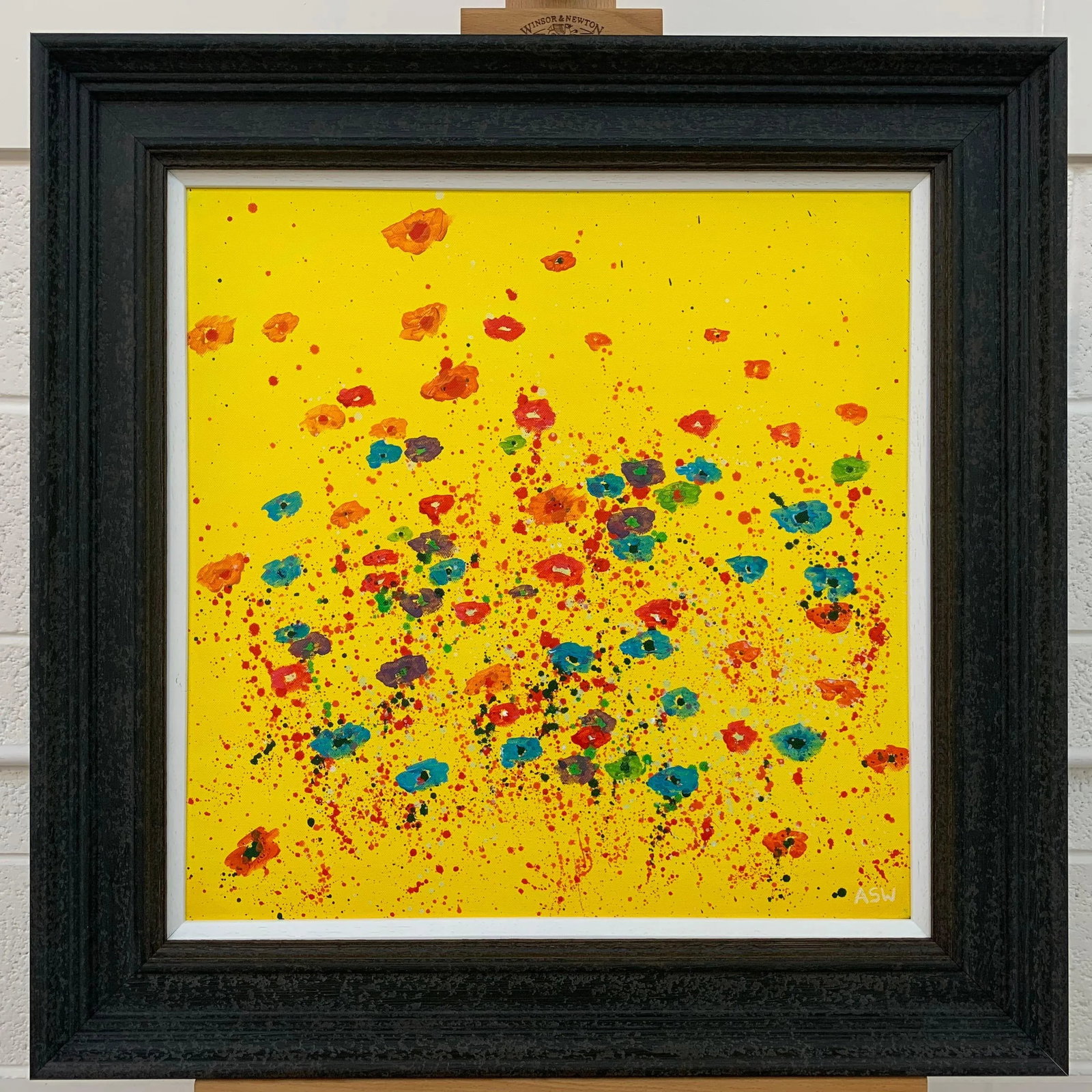 Abstract Red Pink Blue Flowers on Yellow Background by British Artist - 3