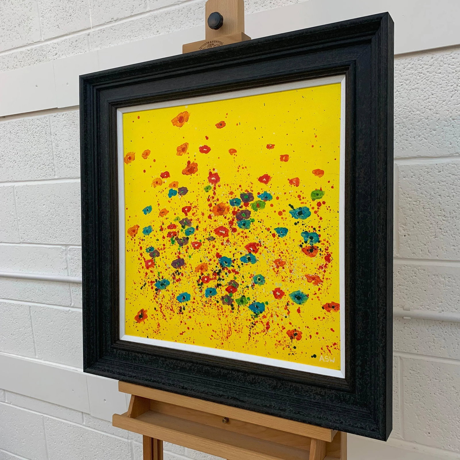 Abstract Red Pink Blue Flowers on Yellow Background by British Artist - 4