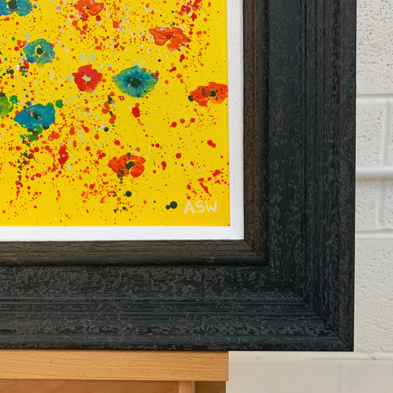 Abstract Red Pink Blue Flowers on Yellow Background by British Artist - 5