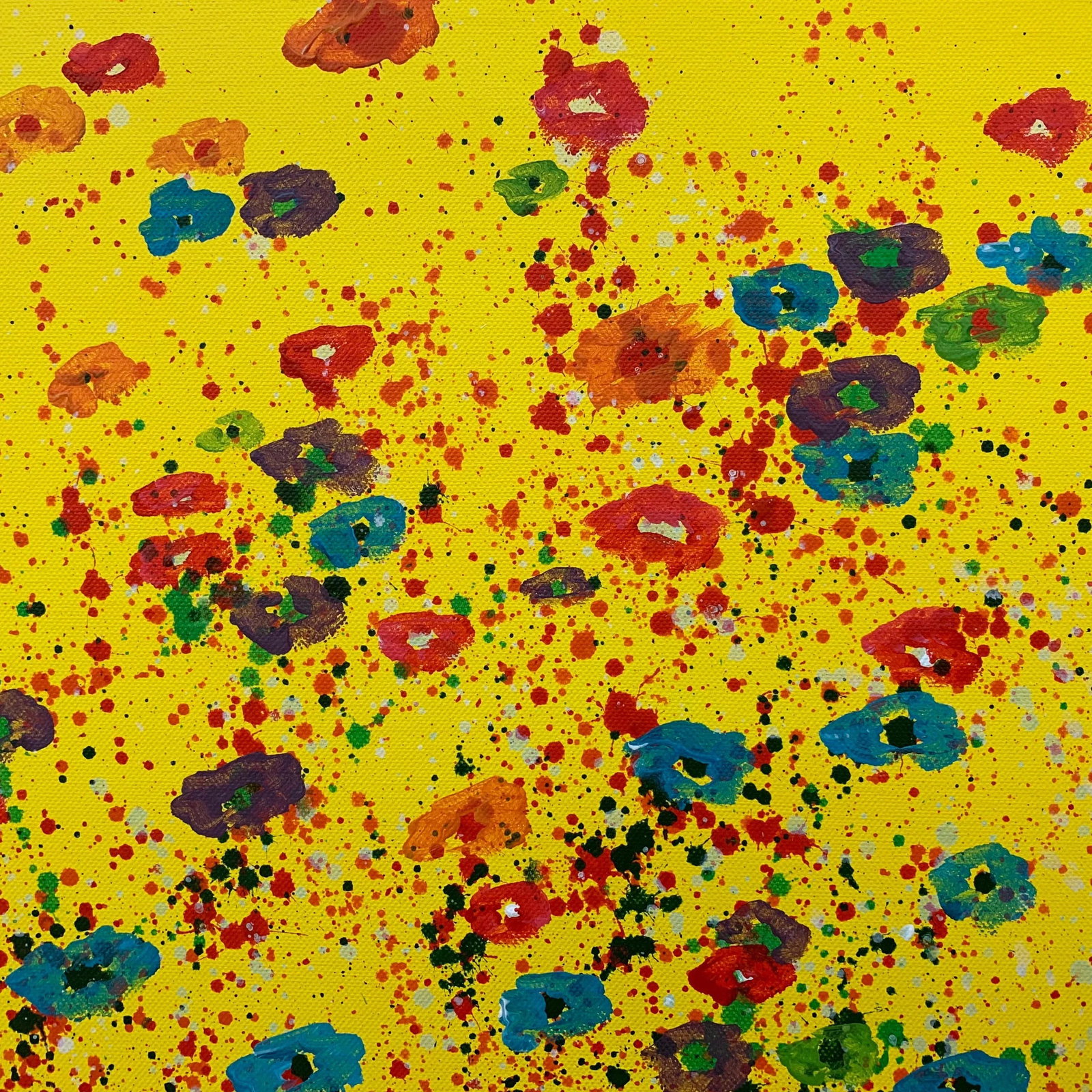 Abstract Red Pink Blue Flowers on Yellow Background by British Artist - 6