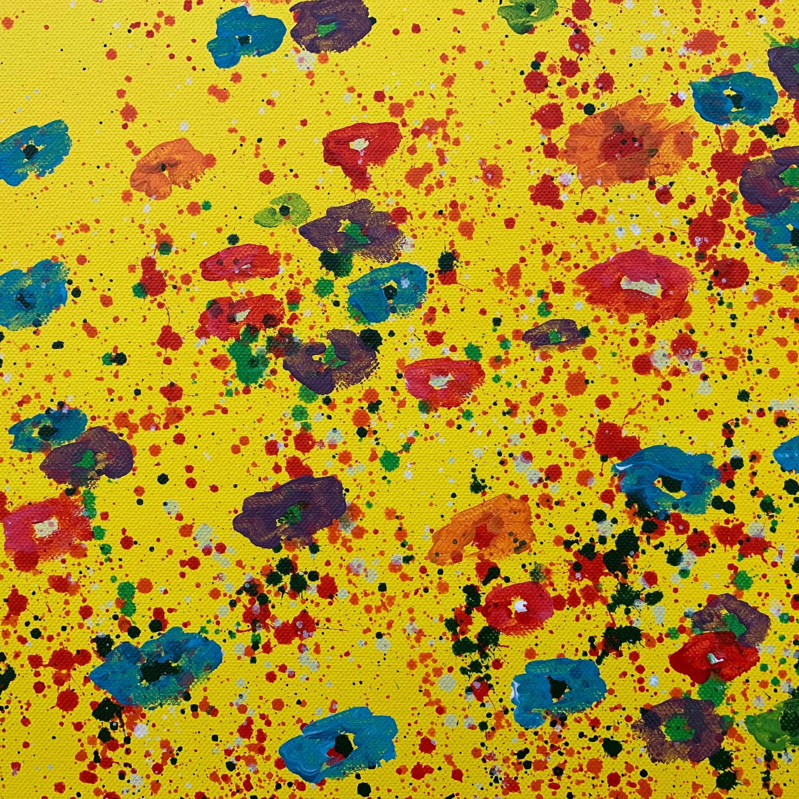 Abstract Red Pink Blue Flowers on Yellow Background by British Artist - 7