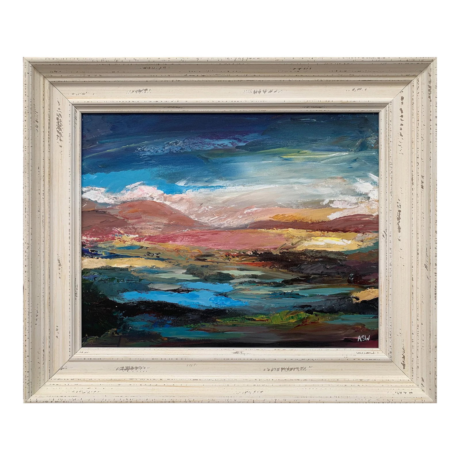 Colourful Expressive Abstract Mountain Landscape by Contemporary British Artist: Colourful Expressive Abstract Mountain Landscape Scene by Contemporary British Artist Art measures 20 x 16 inches Frame measures 25 x 21 inches Angela Wakefield has twice been on the front cover of "&