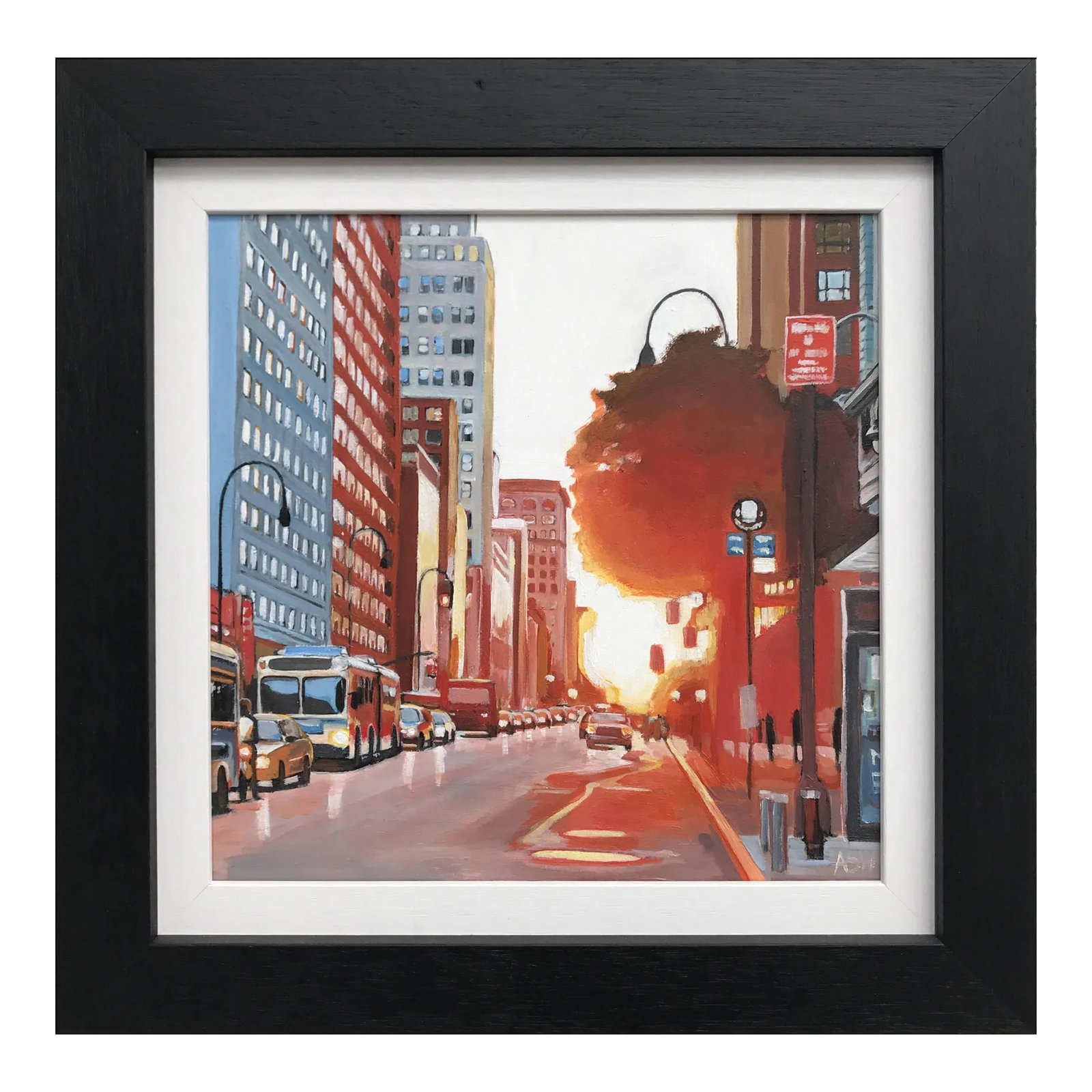 New York Street Scene Urban Landscape Painting From British Artist Collection: New York City Street Scene - an Original Painting by British Urban Landscape Artist Angela Wakefield. At measures 12 x 12 inches Frame measures 16 x 16 inches The character of New York's skyline and l