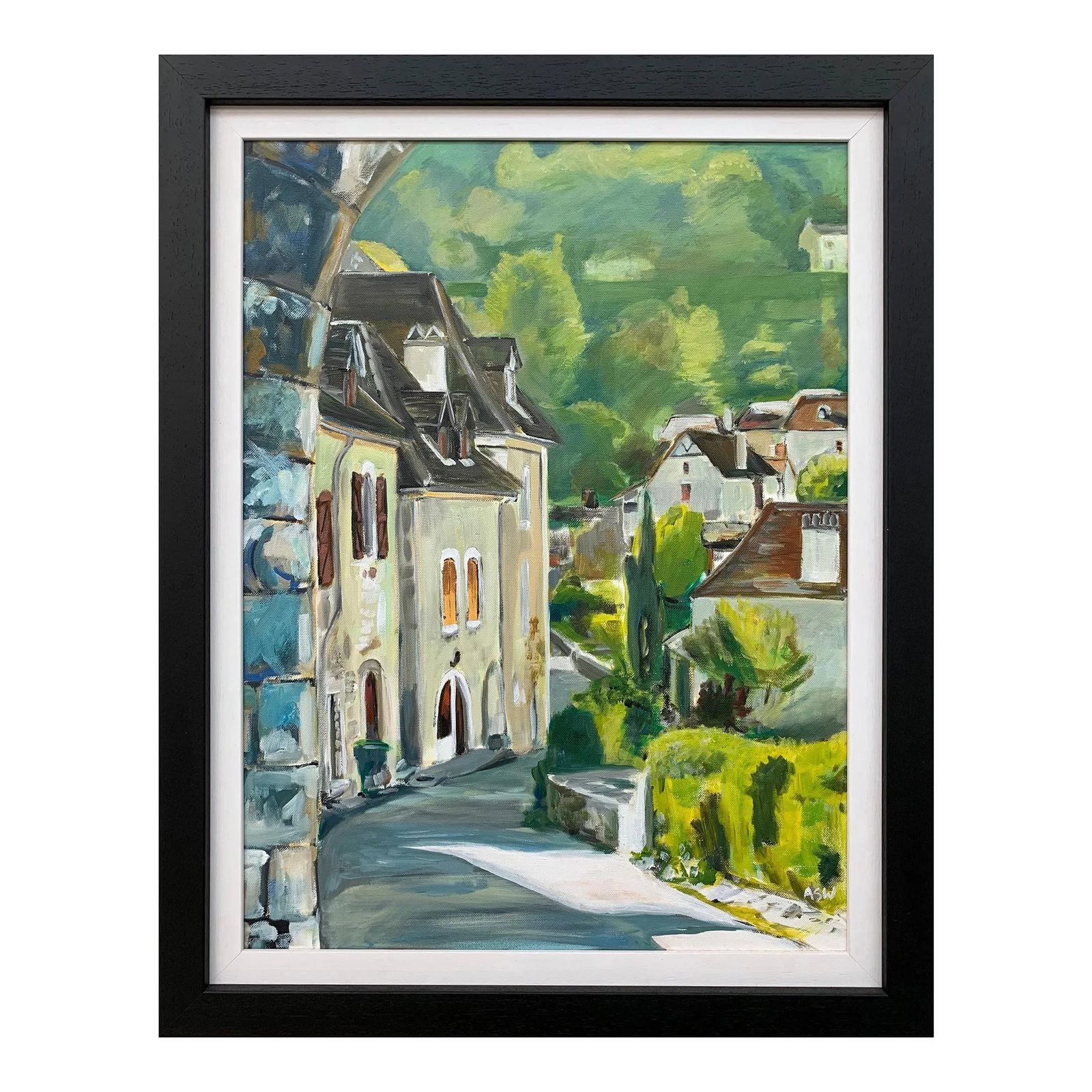 Painting of Medieval French Village Saint Cirq Lapopie by Modern British Artist, 2012: Original painting of the beautiful medieval French village of Saint Cirq Lapopie, Midi-Pyrénées, France, by leading Contemporary British Artist, Angela Wakefield. Art measures 18 x 24