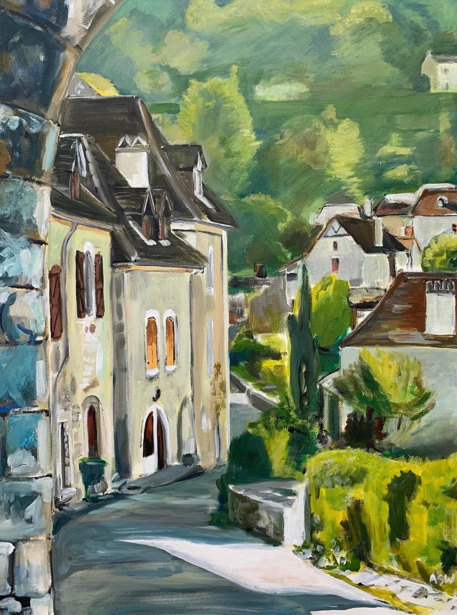 Painting of Medieval French Village Saint Cirq Lapopie by Modern British Artist, 2012 - 2