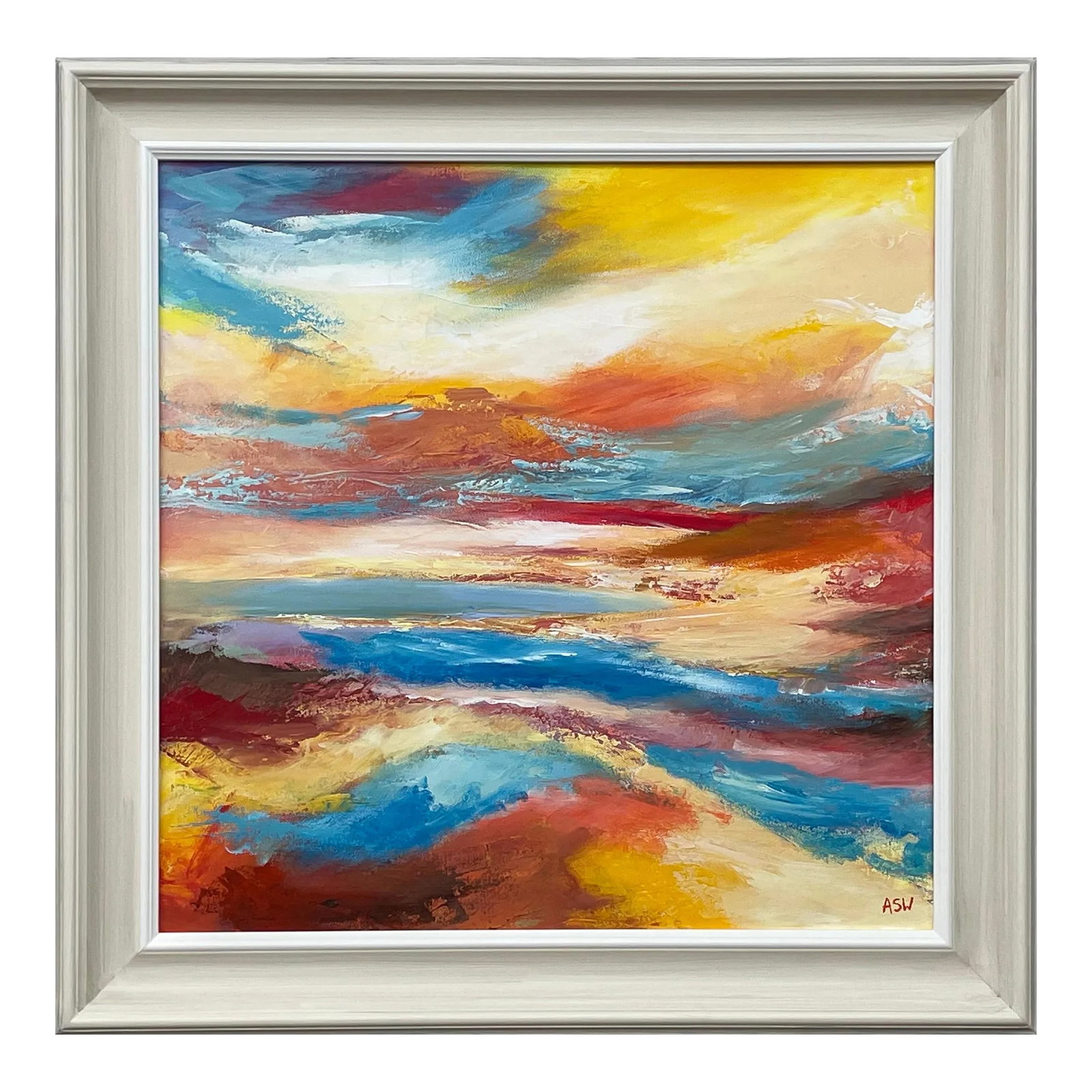 Colourful Impressionist Abstract Landscape by Contemporary British Artist: Colourful Abstract Impressionist Seascape Landscape by Contemporary British Artist, Angela Wakefield. This atmospheric painting depicts an imagined scene using vivid red, orange, yellow and blue colou