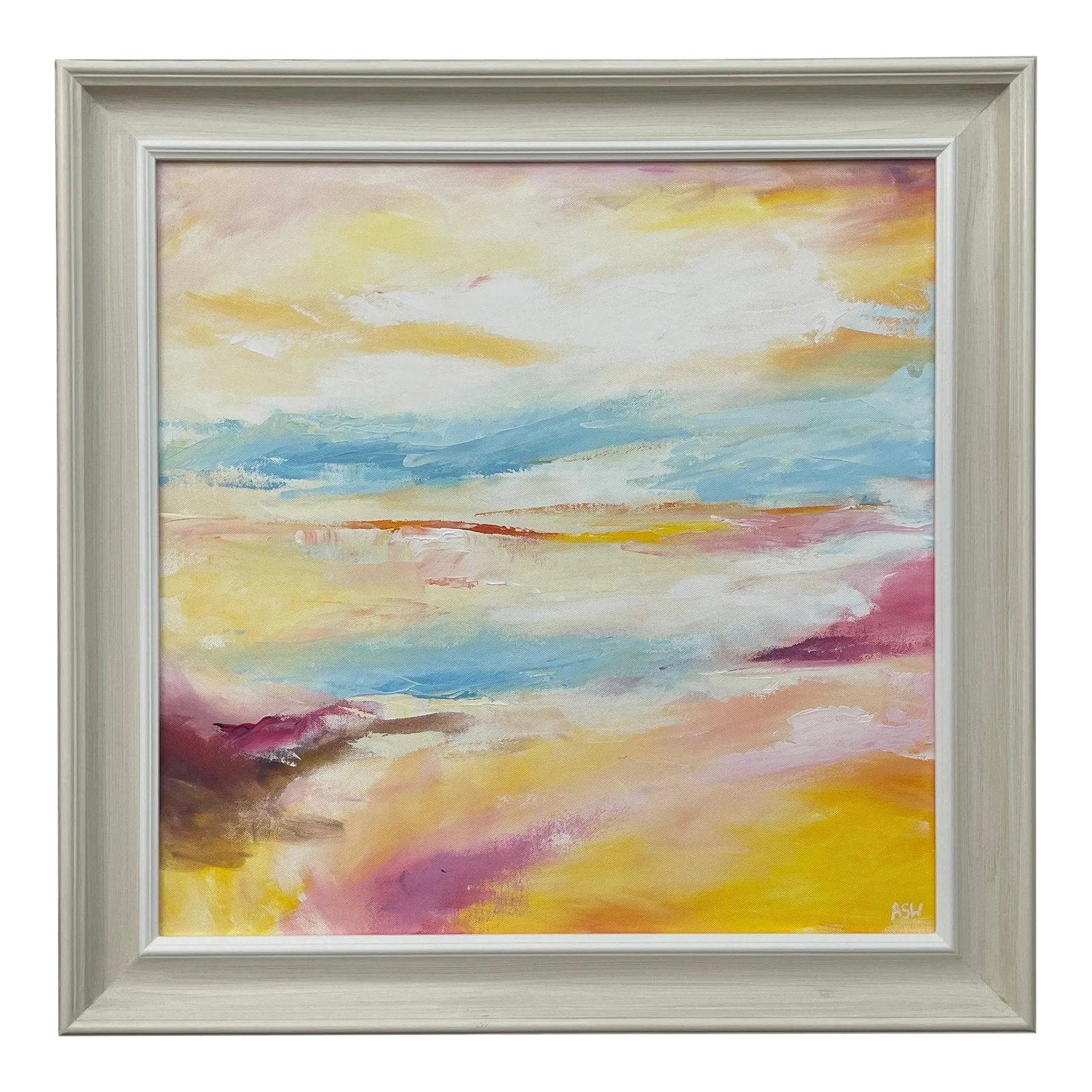 Serene Abstract Impressionist Seascape Landscape by Contemporary British Artist, 2022: Abstract Impressionist Seascape Landscape by Contemporary British Artist, Angela Wakefield. Entitled 'Serenity #02', this atmospheric painting depicts an imagined scene using muted pastel colours. Thi