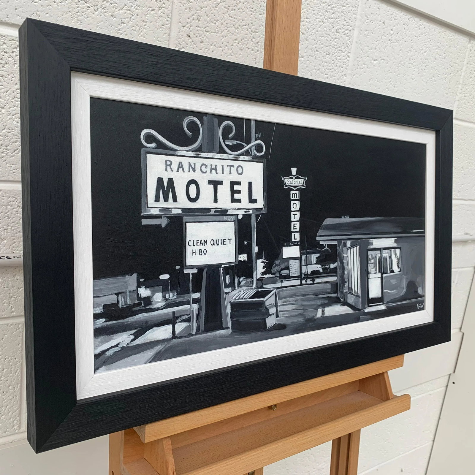 Black & White Americana Painting of Ranchito Motel on Route 66 New Mexico Usa - 2
