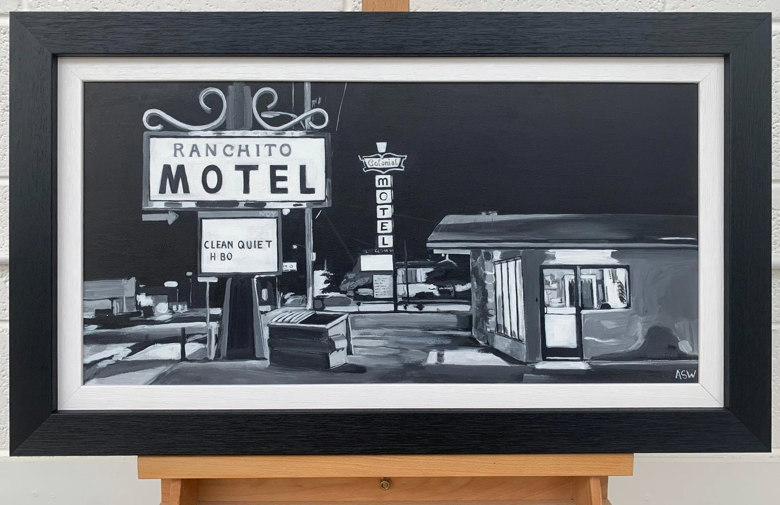 Black & White Americana Painting of Ranchito Motel on Route 66 New Mexico Usa - 3