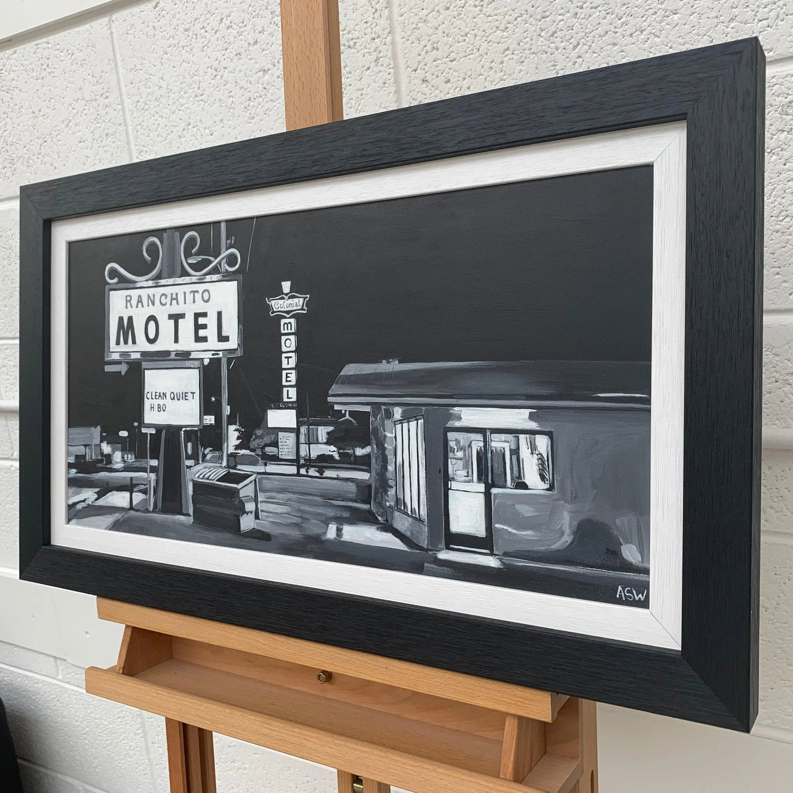 Black & White Americana Painting of Ranchito Motel on Route 66 New Mexico Usa - 4