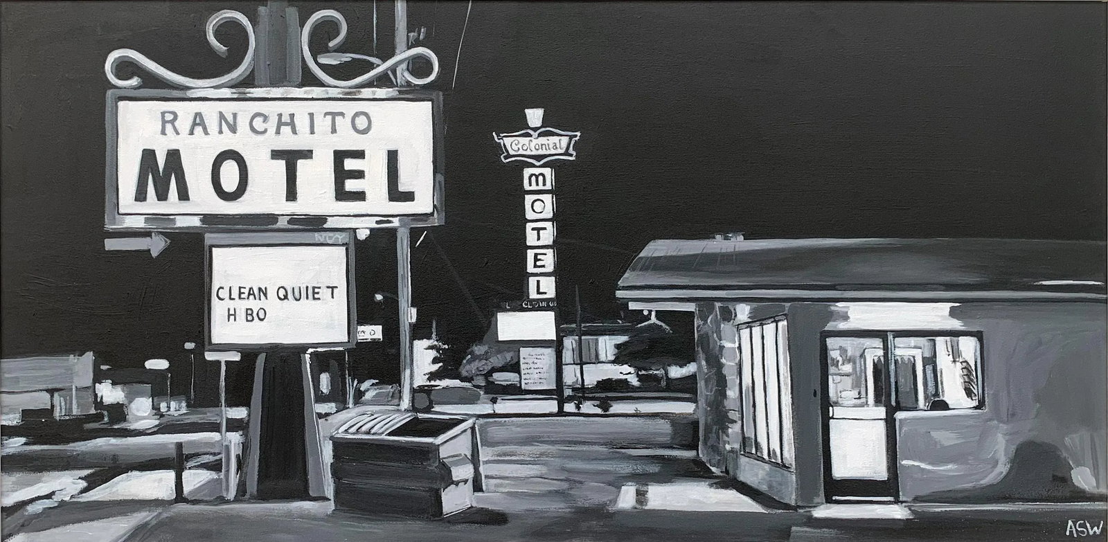 Black & White Americana Painting of Ranchito Motel on Route 66 New Mexico Usa - 5
