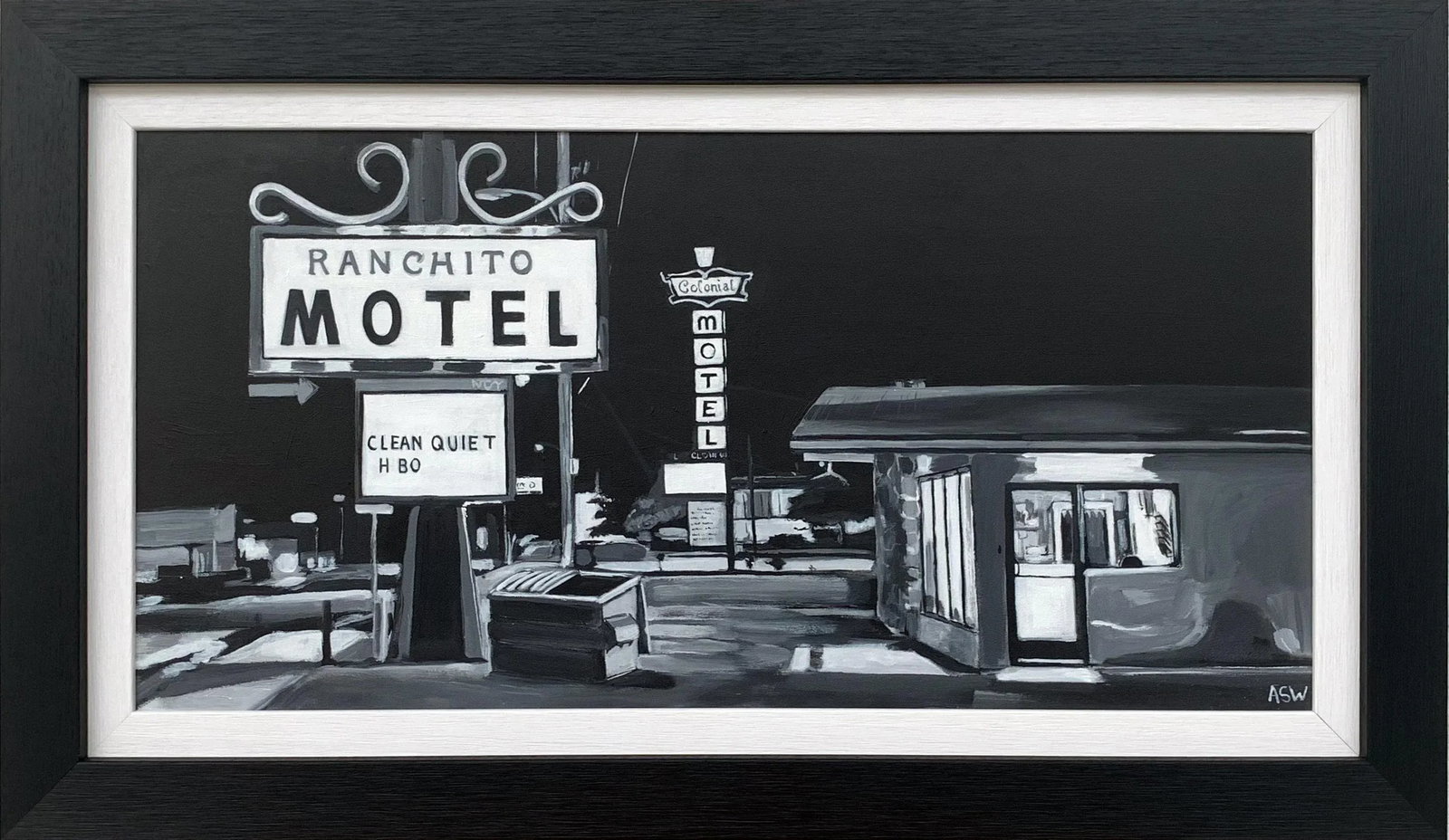 Black & White Americana Painting of Ranchito Motel on Route 66 New Mexico Usa - 8